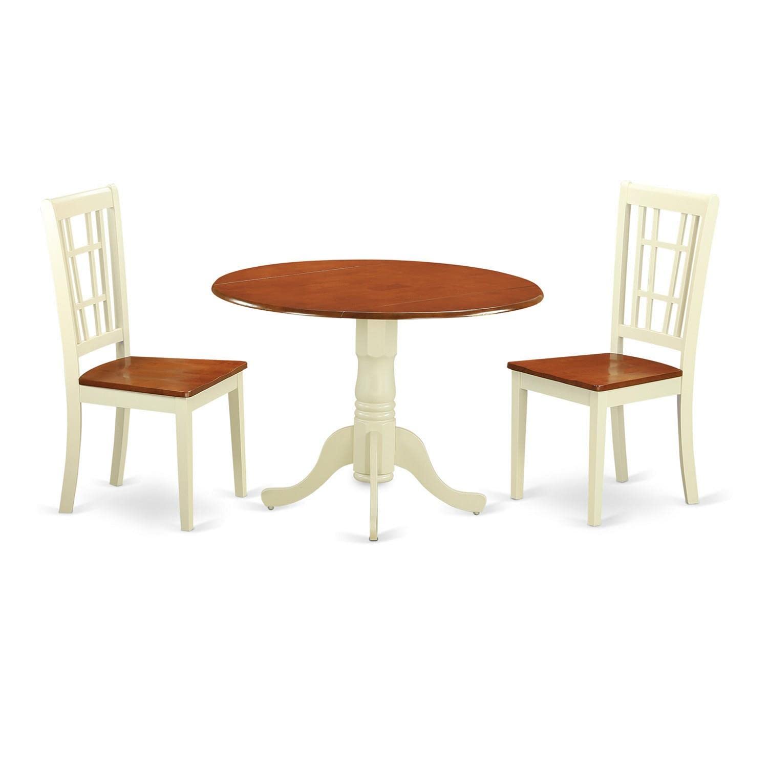 East West Furniture DLNI3-BMK-W 3-Piece Dining Room Set - 42x42 Inch Round Drop Leaf Kitchen Table with 2 Chairs in Buttermilk & Cherry - Perfect for Small Spaces, Breakfast Nooks & Cozy Apartments