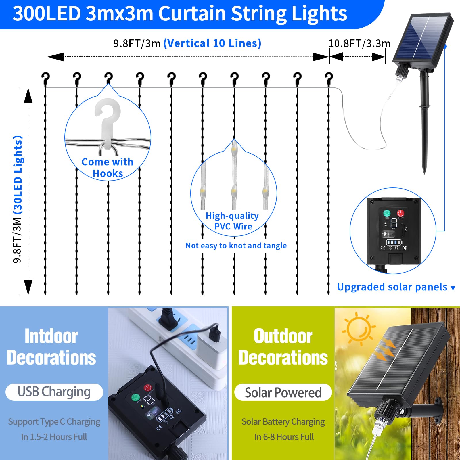 QLIRJAD 300LED Solar Curtain Lights Outdoor Waterproof - USB Rechargeable Fairy String Lights with Remote, 8 Modes, Timer & Dimmable Function for Christmas, Wedding, Gazebo, Window Decor - Perfect for Outdoor Party, Garden, Patio and Backyard Lighting