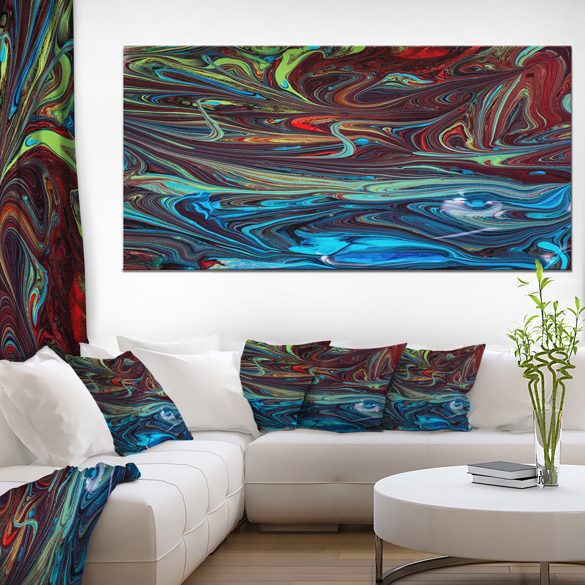 Designart PT9991-60-28 Abstract Painting - Red & Blue Acrylic Mixed Media Artwork on Canvas - 60x28 Inches Wall Decor for Living Room, Bedroom & Office - Ready to Hang Modern Home Decor