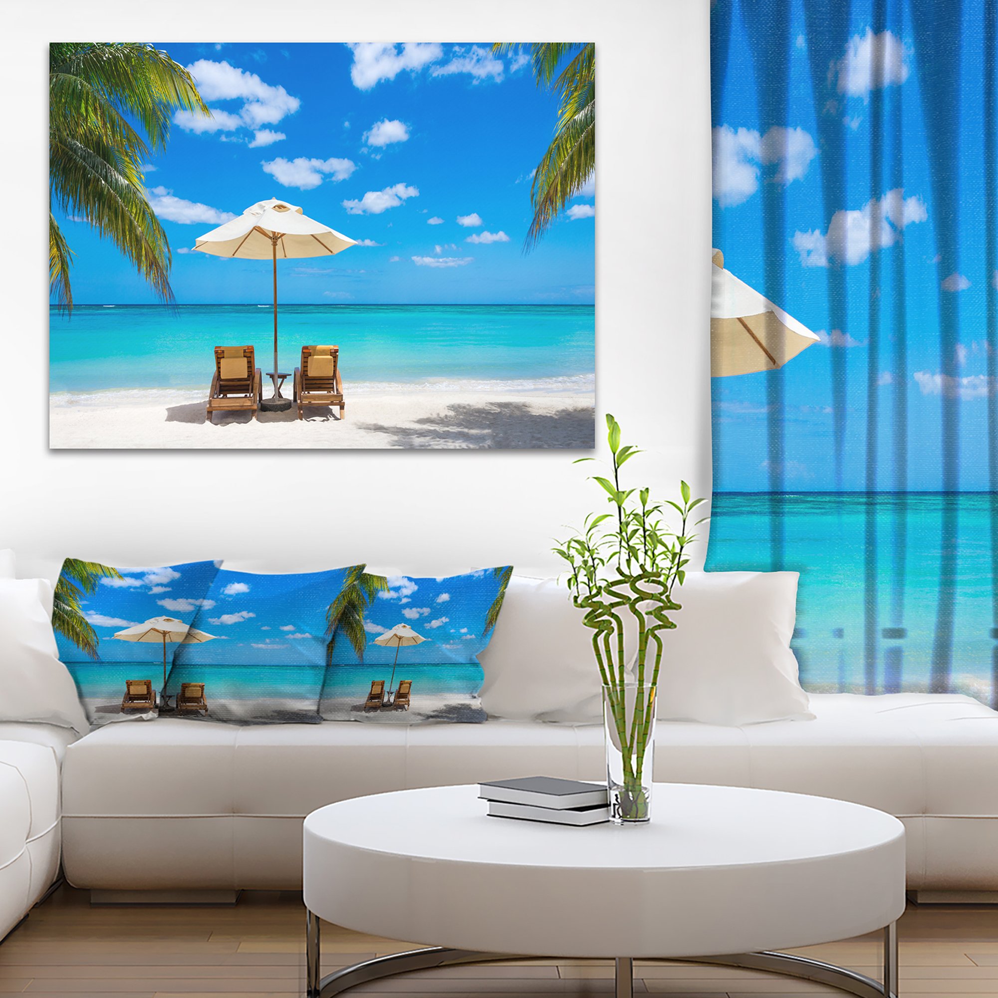 Designart PT9446-20-12 Turquoise Beach with Chairs Seashore Photo Canvas Print - 12x20 Inches - Blue Coastal Wall Art - Perfect for Living Room, Bedroom & Office Decor
