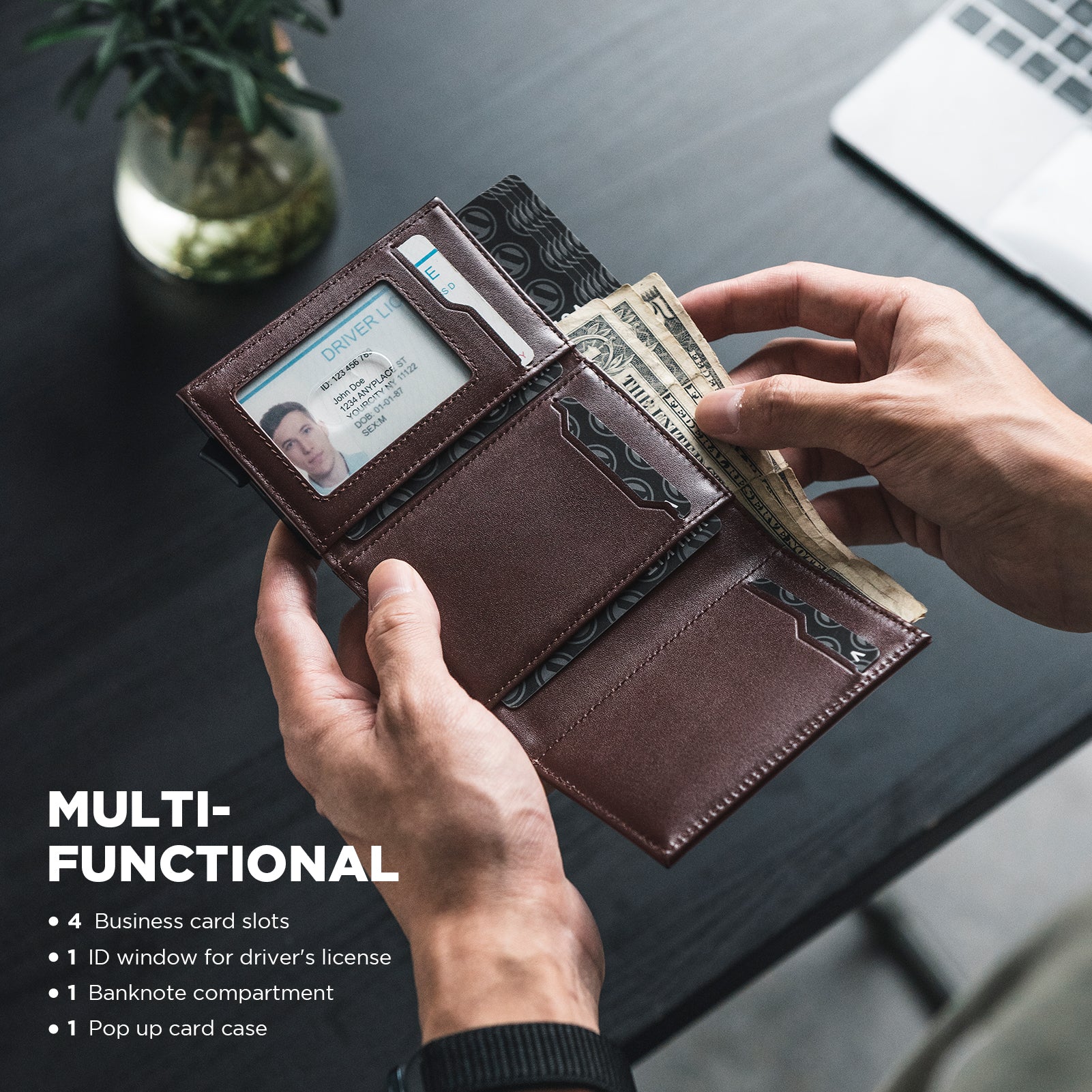 Genuine Leather Tri-Fold Wallet with Magnetic Closure - VC208P Slim RFID Blocking Wallet for Men, Perfect for Everyday Carry & Travel