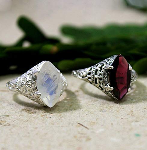 Marquise Garnet Silver Ring - Genuine Red Garnet Filigree Sterling Silver Jewelry with Faceted Stone - Perfect for Weddings, Anniversaries & Special Occasions