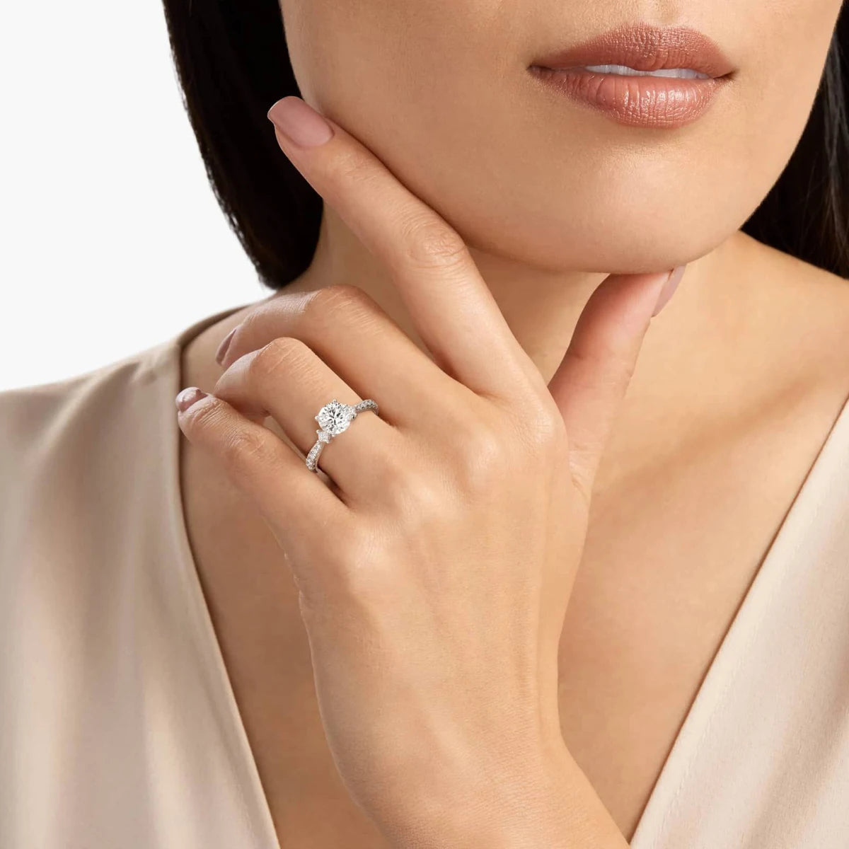 Luxury Pavé Three Stone Lab Grown Diamond Ring - 14K/18K Gold East West Engagement Ring for Women | Anniversary, Proposal, Wedding Gift Idea