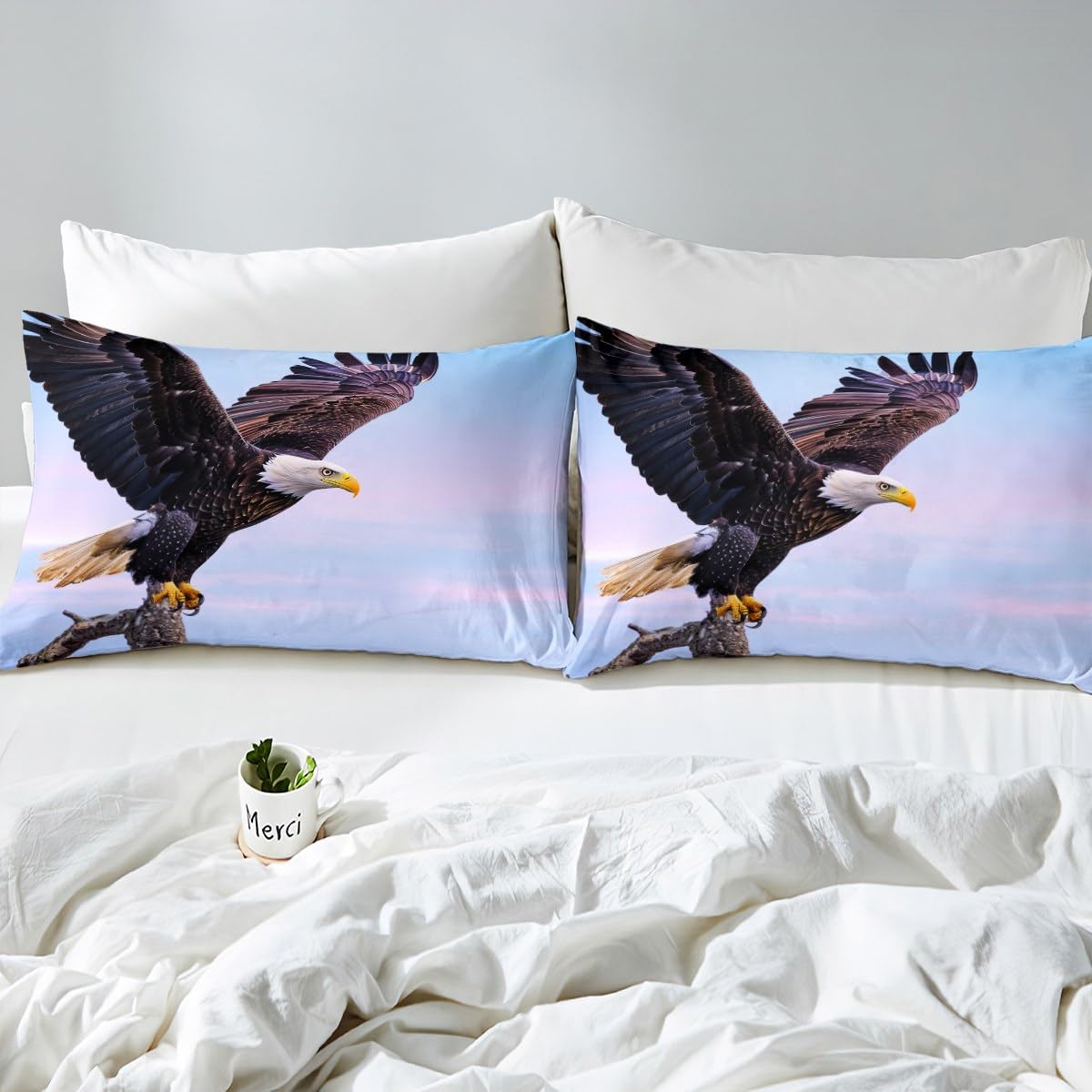 Manfei Eagle Fitted Sheet Set - 3PC Full Size Microfiber Bedding with Flying Eagle Tree Stump Print for Kids & Boys - Animal Theme (1 Fitted Sheet + 2 Pillowcases) - Perfect for Kids' Rooms, Dorm Decor & Wildlife Themed Bedrooms