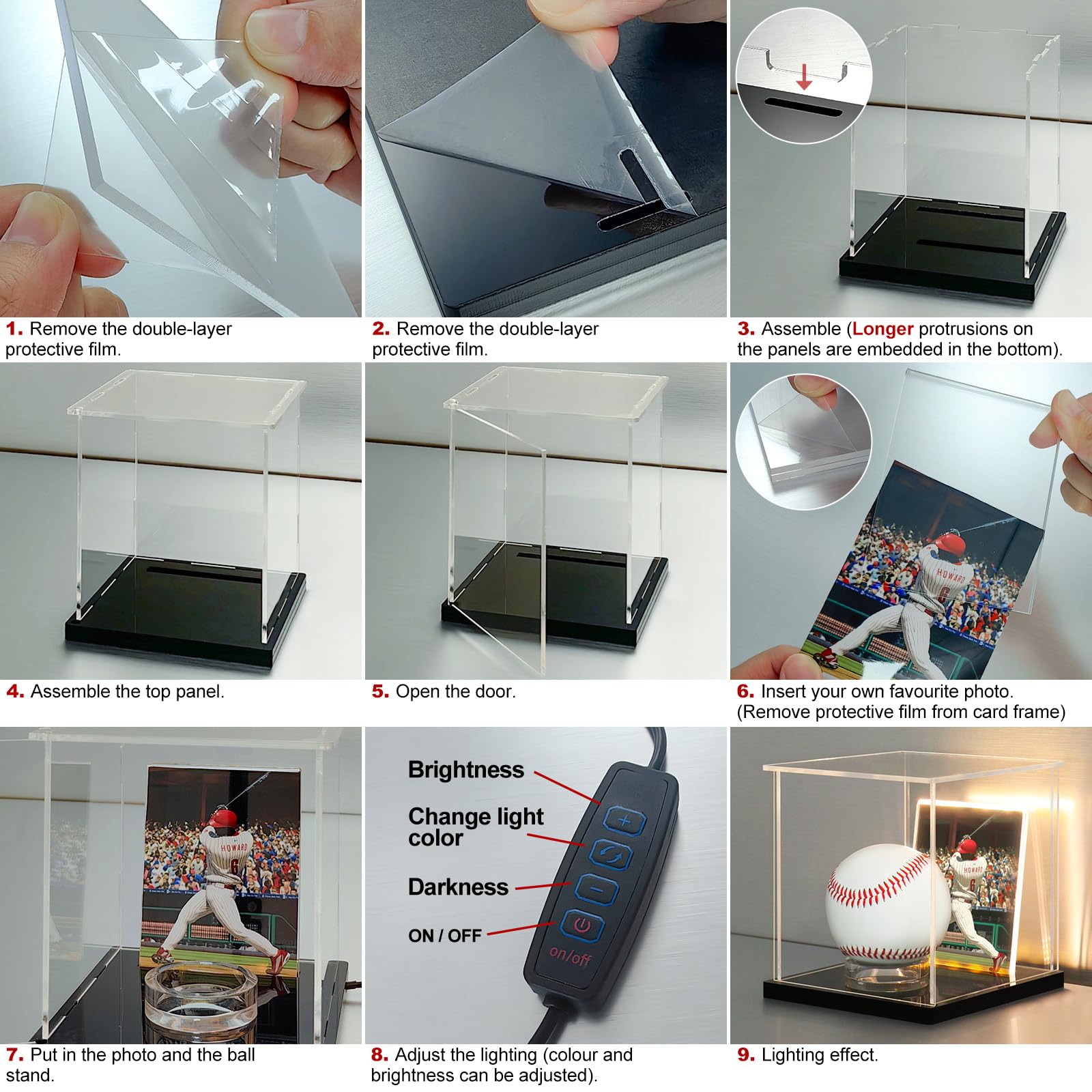 LANSCOERY Acrylic Baseball Display Case with LED Light - Dustproof Memorabilia Box for Autographed Balls, Includes Holder & Card Frame - Perfect for Collectibles, Sports Decor, and Home Display