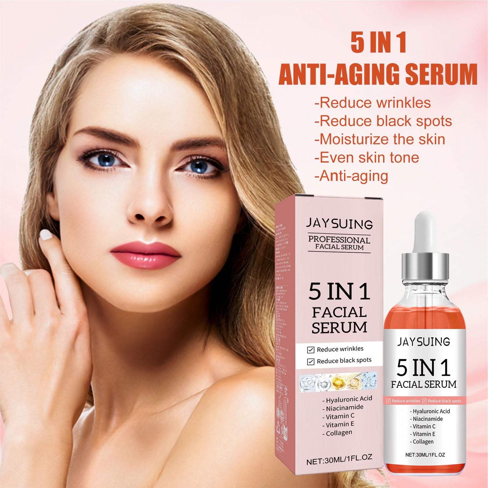 5 in 1 Anti-Aging Facial Serum with 30% Vitamin C, Niacinamide & Hyaluronic Acid - Hydrating Collagen Boost Serum Reduces Wrinkles & Fine Lines - 1.05 Fl.oz for Glowing Skin Day & Night Care