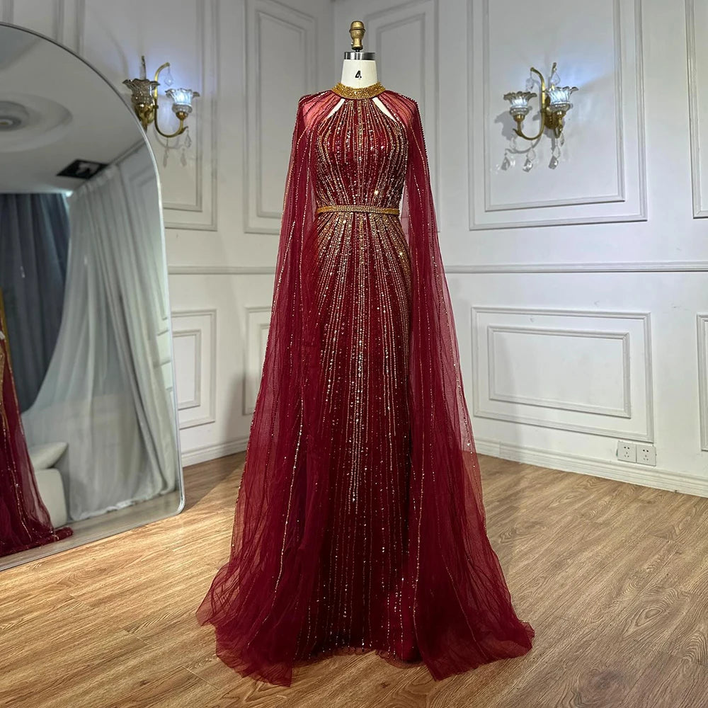 Luxury Dubai Wine Red Beaded Mermaid Evening Gown with Cape - Formal Saudi Arabian Dress for Weddings, Galas & Special Occasions | LA72707A