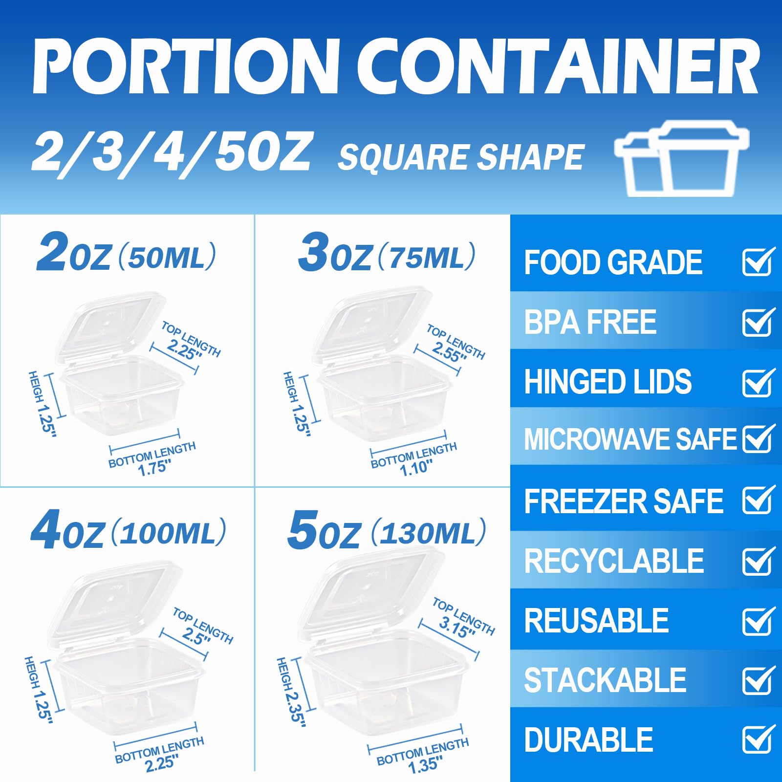 2/3/4/5oz Square Plastic Food Storage Containers with Lids - 200 Pack Disposable Portion Cups for Condiments, Jello Shots, Sauces, Meal Prep & Party Serving - BPA Free Small Containers for Kitchen, Restaurant & Catering Use