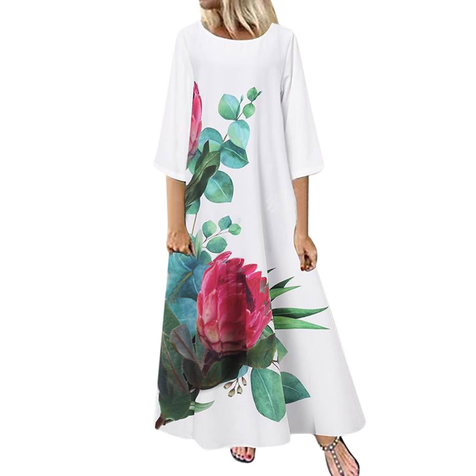 Women's Floral Print Summer Maxi Dress - Sexy Casual O-Neck Long Dress with Half Sleeves for Beach, Vacation & Outdoor Parties