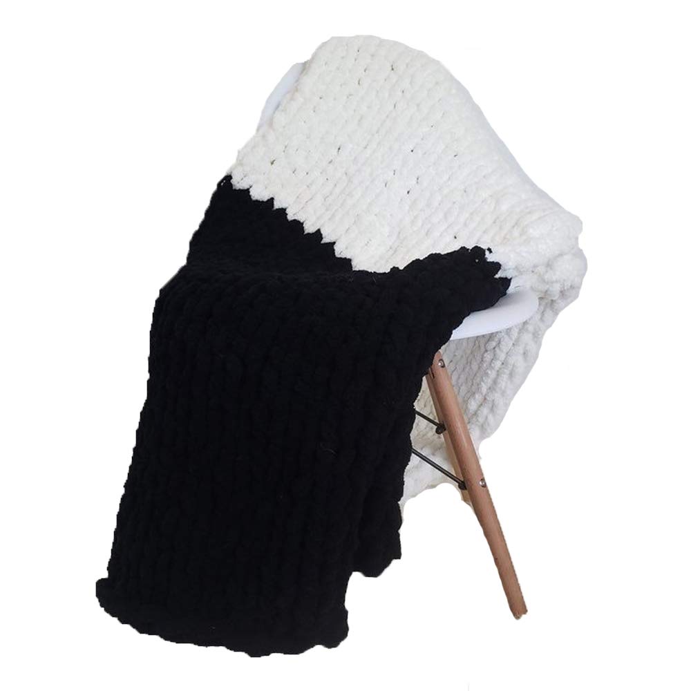 Black and White Chunky Knit Chenille Blanket - 39x79 Inch Super Soft Thick Throw Blanket | Hand Knit Yarn Blanket for Sofa, Bed & Cozy Home Decor | Perfect for Winter, Gifts and Family Movie Nights