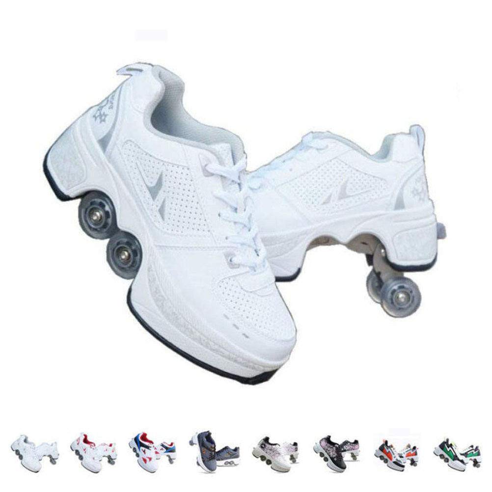 Best Roller Skates for Girls & Women - 2-in-1 Parkour & Inline Skating Shoes with Wheels for Adults - Double-Row Quad Outdoor Sports Roller Skates - Perfect for Park Skating, Fitness & Street Rollerblading (White, Size 42)