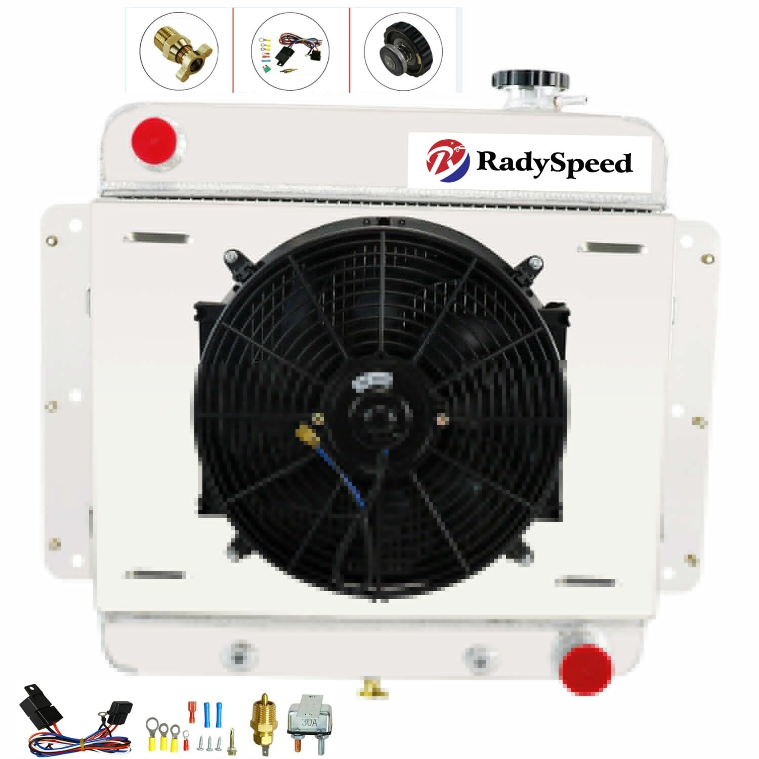 4 Row Aluminum Radiator with Shroud Fan & Relay Kit for 1962-1967 Chevy Nova/Chevy II/SS L6 V8 - Direct Replacement Cooling System Upgrade - Perfect for Classic Car Restoration & Hot Rod Performance