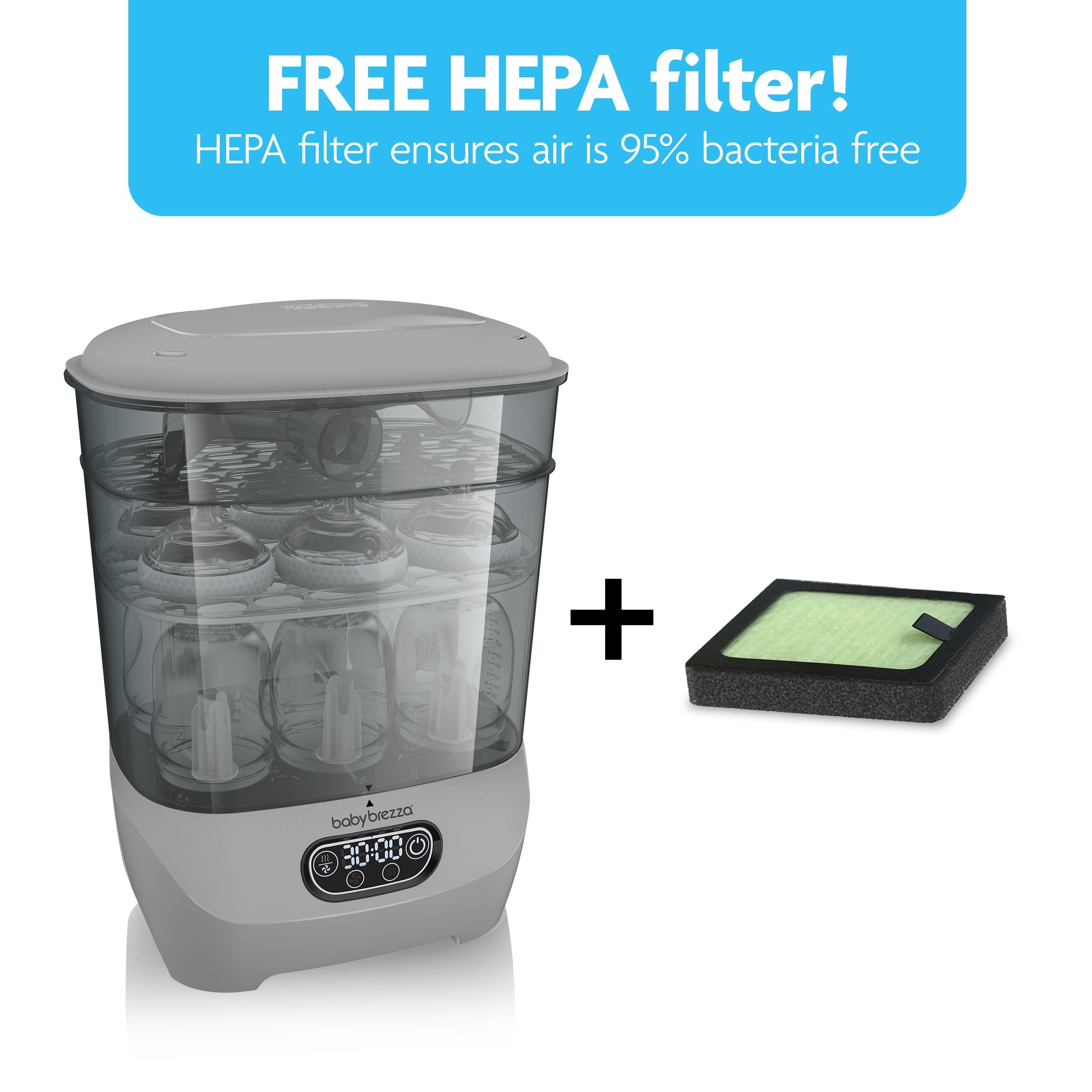 Baby Brezza Advanced Electric Bottle Sterilizer and Dryer - Universal Steam Sterilizing Machine for All Baby Bottles (Plastic/Glass), Pacifiers & Breast Pump Parts - HEPA Filtration System, Grey - Perfect for Nursery, Travel & Daily Baby Care