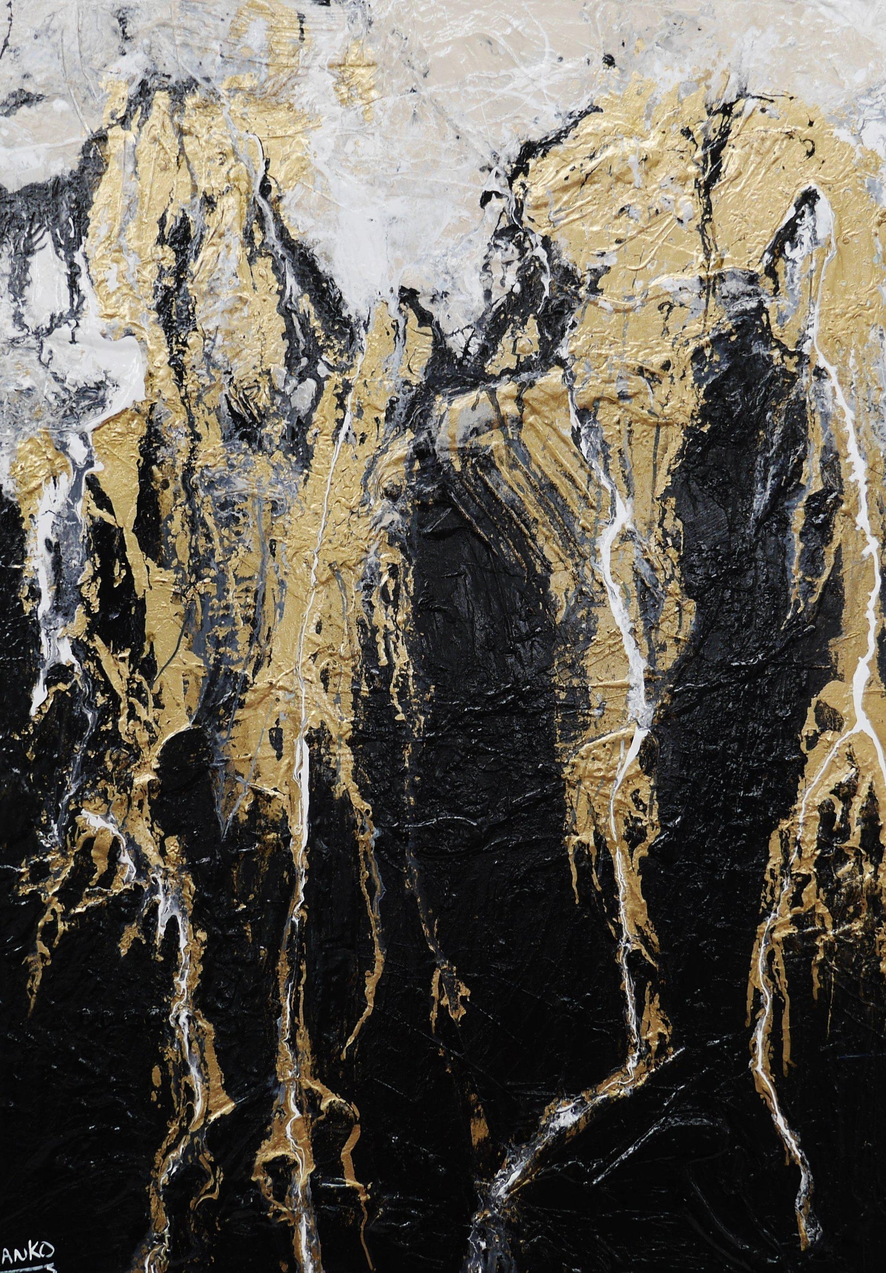 140cm x 100cm Black and Gold Abstract Painting with Metallic Veins - Modern Wall Art for Living Room, Bedroom & Office Decor