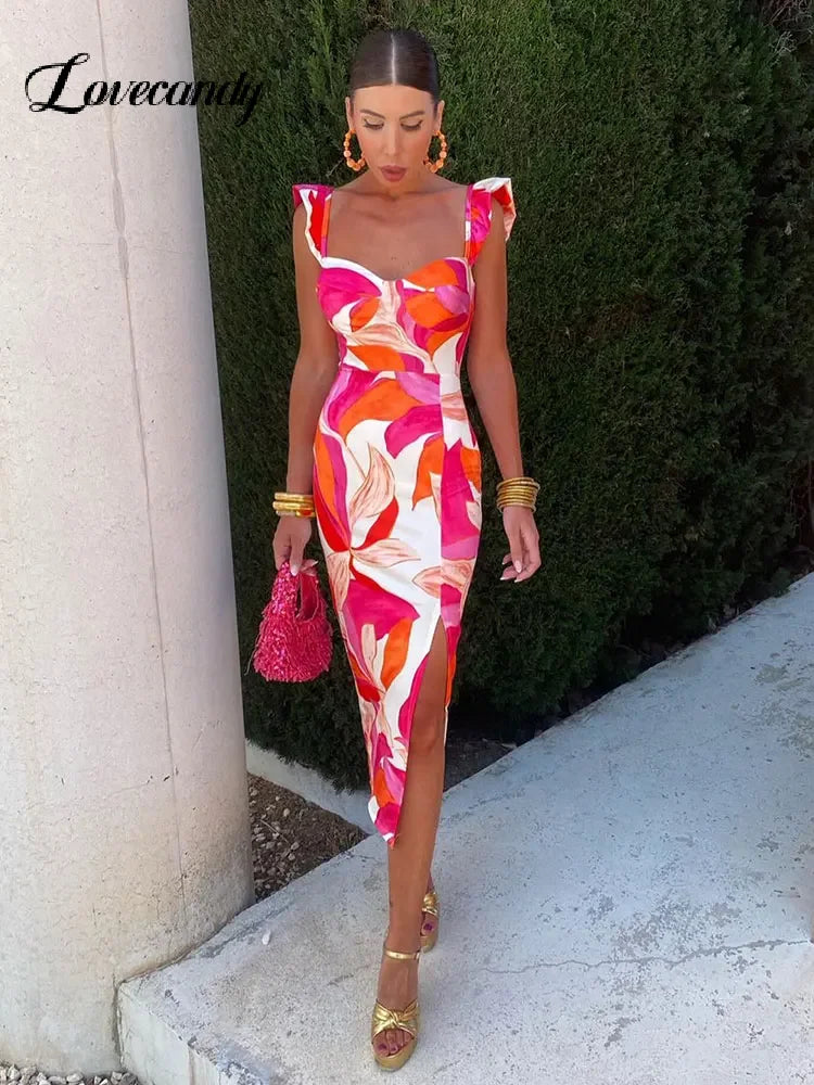 Elegant Vintage Print Midi Dress for Women - Square Neck, Fly Sleeve, Sheath Dress with Side Split | Perfect for Office Wear, Cocktail Parties & Summer Outfits