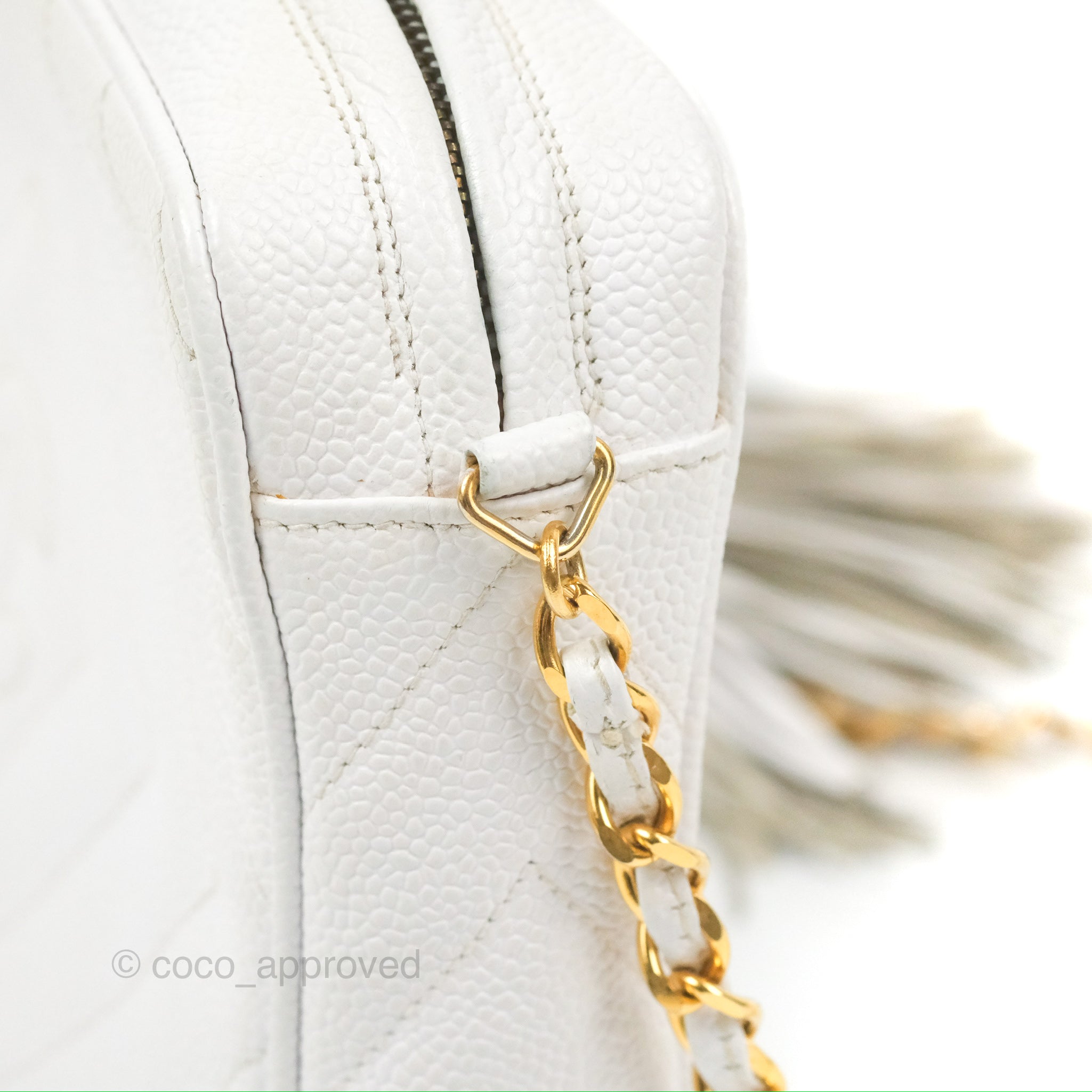 Chanel Chevron Quilted Tassel Camera Bag in White Caviar Leather with Gold Hardware - Perfect for Travel, Parties & Everyday Luxury
