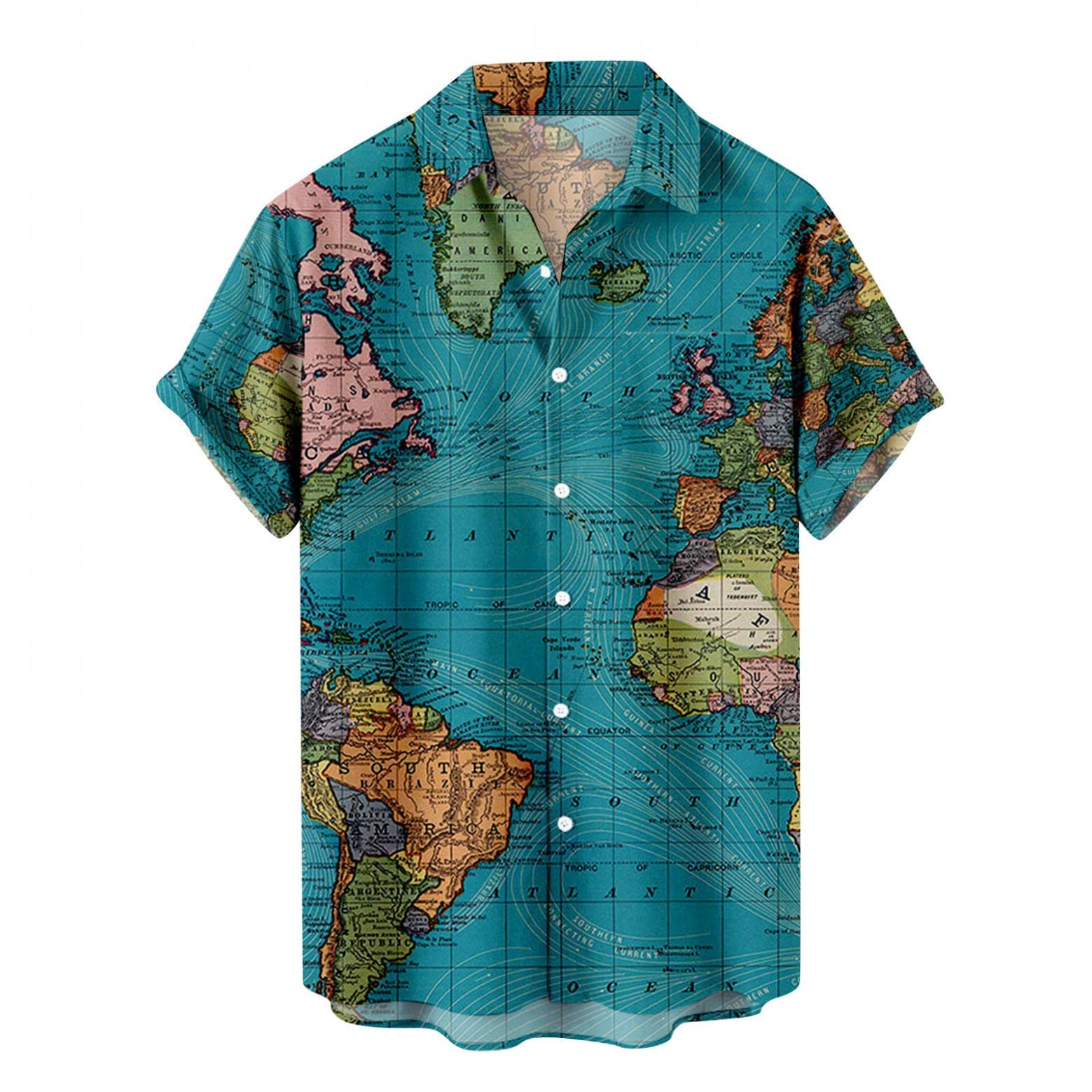 Hawaiian Shirt for Men - Tropical Map Print Short Sleeve Button Down Shirt | Summer Casual Beach Shirt | Perfect for Vacation, Luau Parties & Tropical Getaways