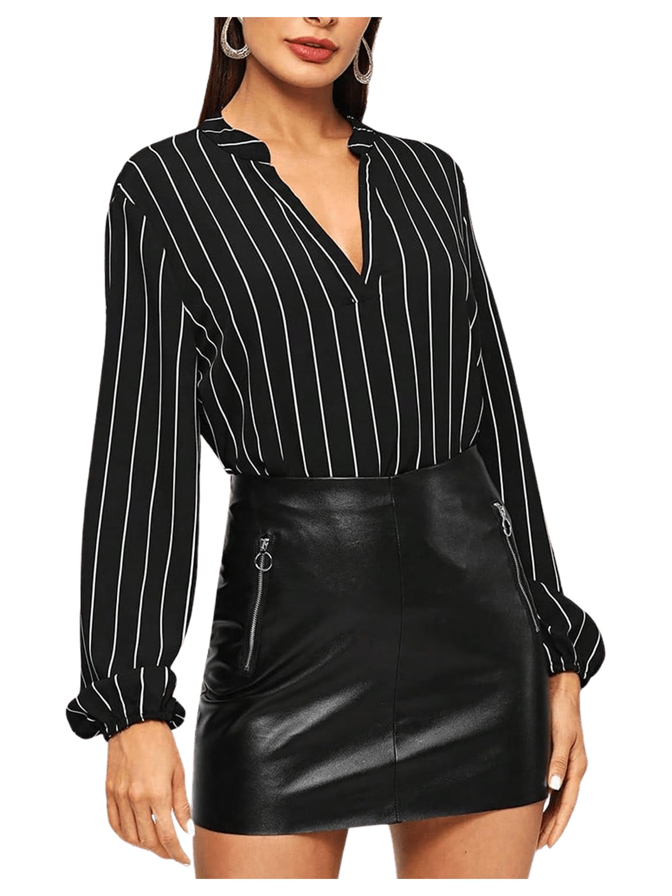 Milumia Women's Elegant Striped V-Neck Long Sleeve Blouse - High Low Hem Work Shirt Tops for Office, Party & Casual Wear | Flattering Fit & Comfortable Stretch Fabric