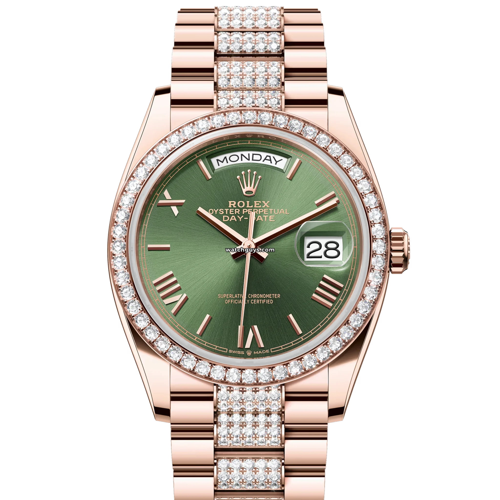 Rolex Day Date 128345RBR 18K Gold Olive Green Dial Diamond Watch for Men - Luxury Dress Watch for Business, Gala & Special Occasions