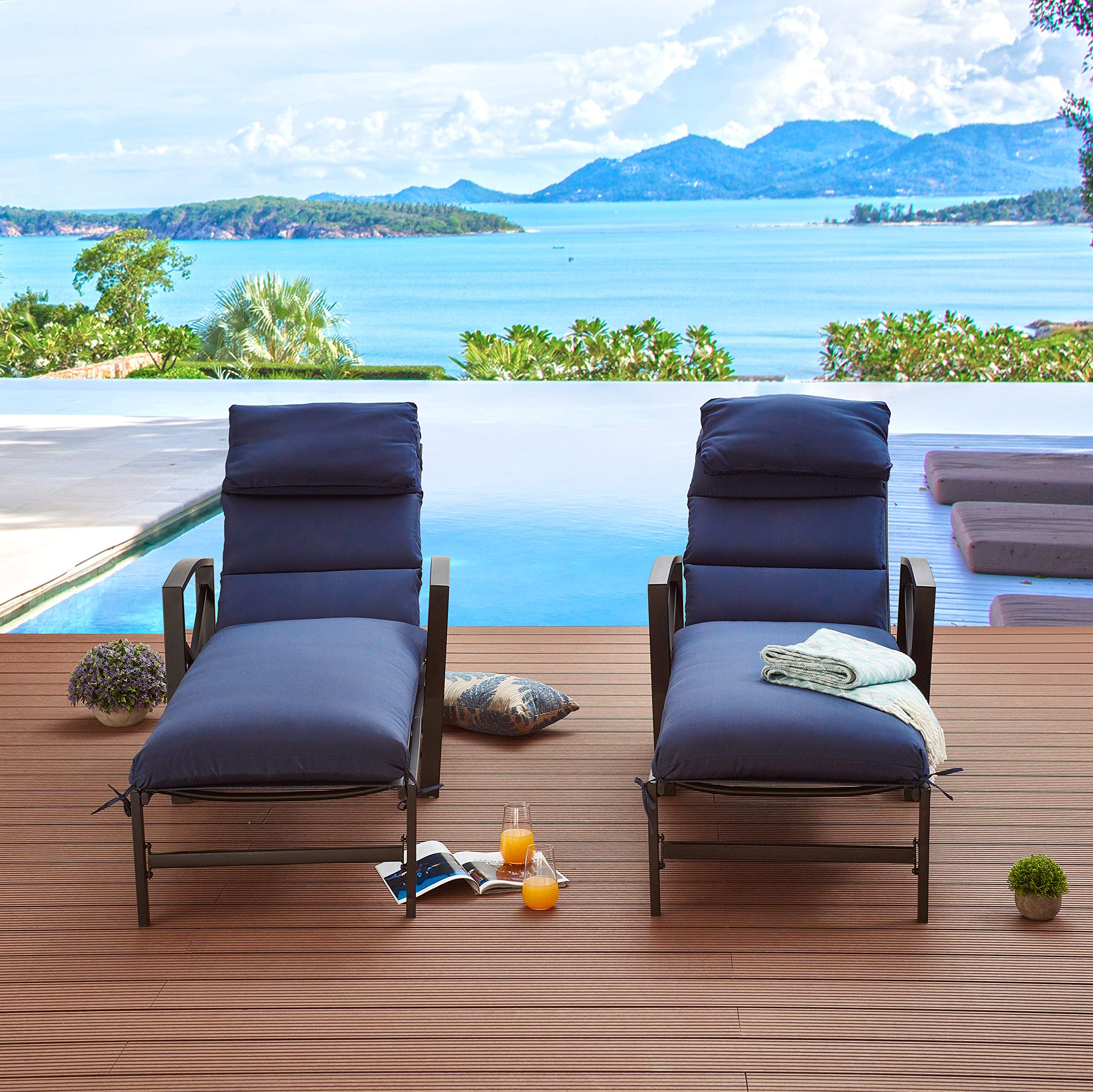LOKATSE HOME 2-Piece Outdoor Patio Chaise Lounge Set with Removable Blue Cushions & Pillows, Adjustable Backrest & Armrests - Reclining Beach Poolside Balcony Backyard Garden Chairs for Relaxing, Sunbathing & Lounging