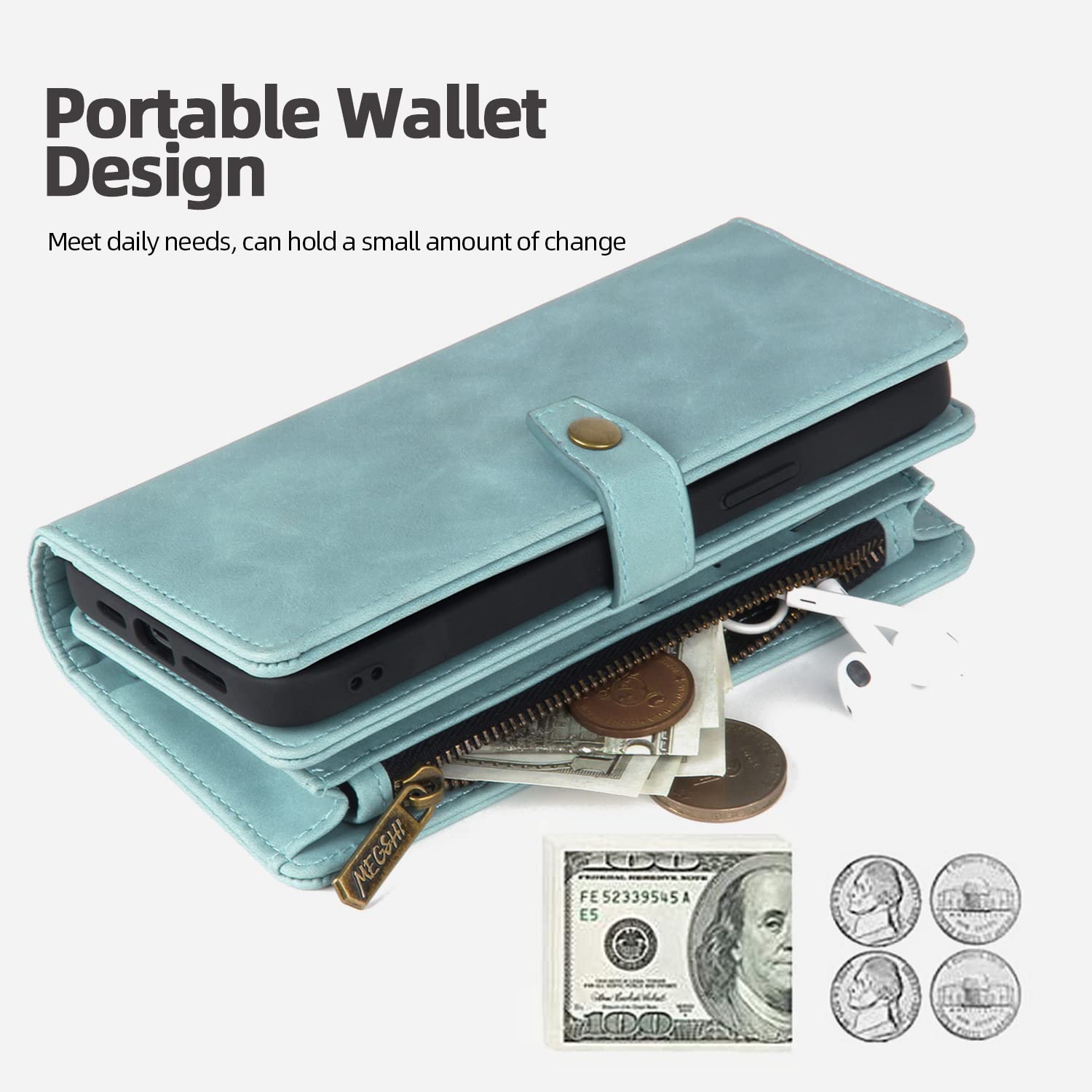 Magnetic Detachable Wallet Case for iPhone 14 with Card Holder & Wrist Strap - PU Leather Phone Cover for Women & Men (Blue) - Perfect for Everyday Use, Travel & Hands-Free Convenience