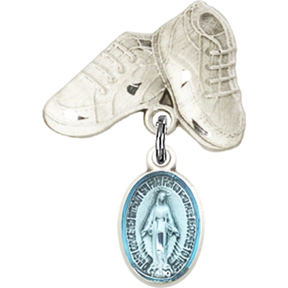 Sterling Silver Baby Badge with Blue Miraculous Charm & Baby Boots Pin - 1 X 5/8 Inch - Perfect for Christening Gifts, Baby Showers & Keepsake Jewelry