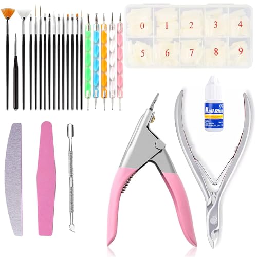 Syorica Professional Nail Art Kit – 2-in-1 Nail Buffer (Hard & Soft), Cuticle Pusher, 500 Fake Nails, Tip & Cuticle Cutter, 13g Nail Glue, 15 Nail Brushes, 5 Dotting Tools – Complete Manicure & Pedicure Set for Salon & Home Nail Care