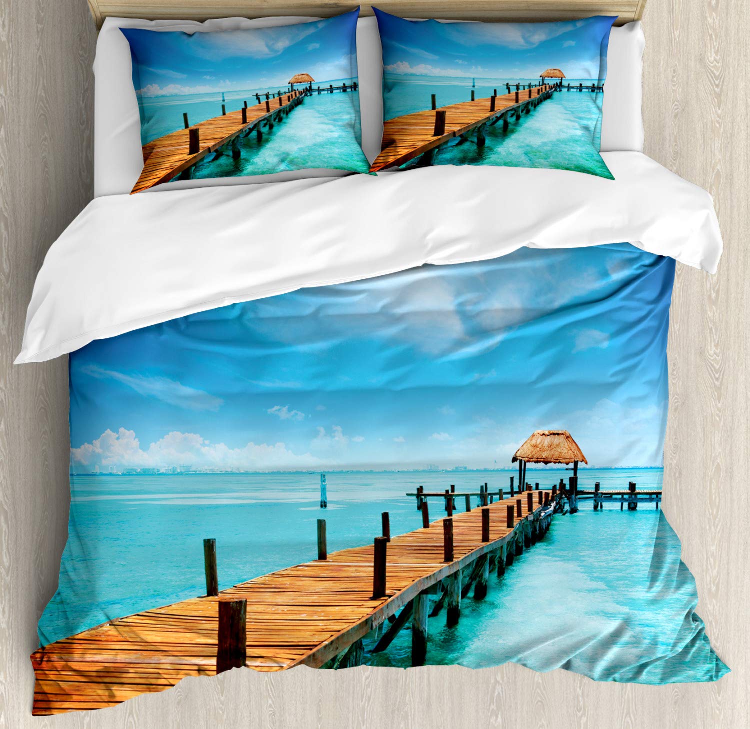 Ambesonne Tropical Duvet Cover Set - Exotic Hawaiian Wooden Pier Design with Ocean Pastoral Theme, 2-Pack Twin Size Bedding Set (Blue & Brown) for Summer Vacation & Coastal Bedroom Decor