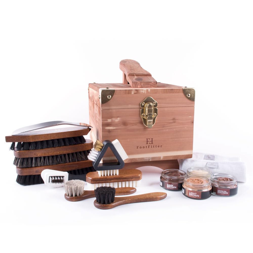 Premium Leather Shoe Shine & Suede Cleaning Kit with Cedar Valet Box - Includes Polish Cream, Brushes & Shoe Care Tools for Men's Dress Shoes, Boots & Accessories - Perfect for Home, Office & Travel Shoe Maintenance