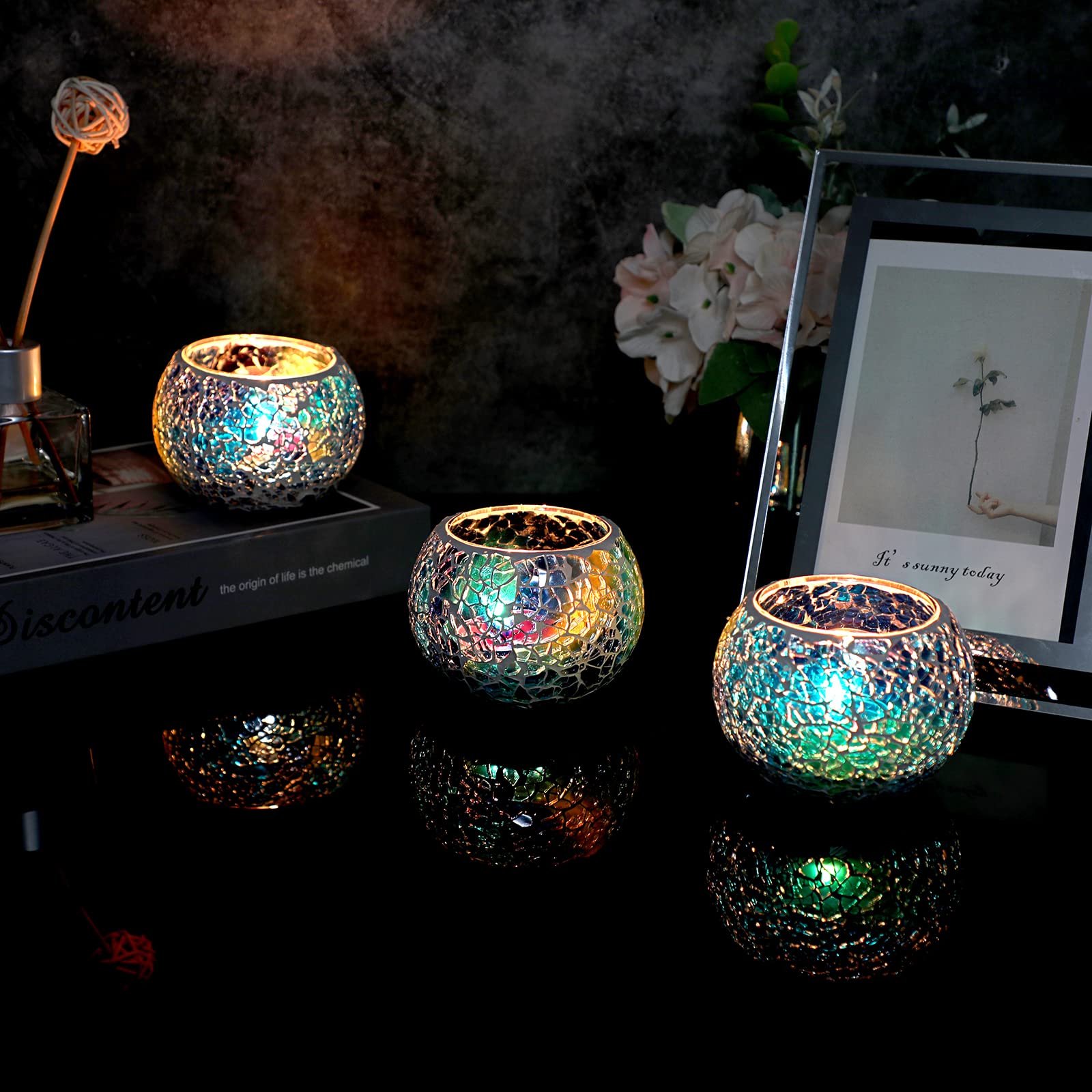 Set of 3 Blue Mosaic Glass Tea Light Holders - Round Bowl Votive Candle Stands for Wedding Centerpiece, Table Decor, Home & Party Decoration