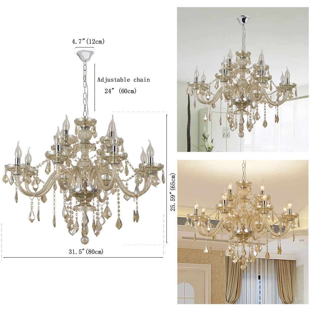 Modern Luxury K9 Crystal Chandelier - 12-Light Cognac Crystal Pendant Light Fixture with Candle Style Design for Dining Room, Hotel, Hallway, Bar & Restaurant Lighting | Elegant Ceiling Light for Wedding Venues, Luxury Homes & Fine Dining Establishments