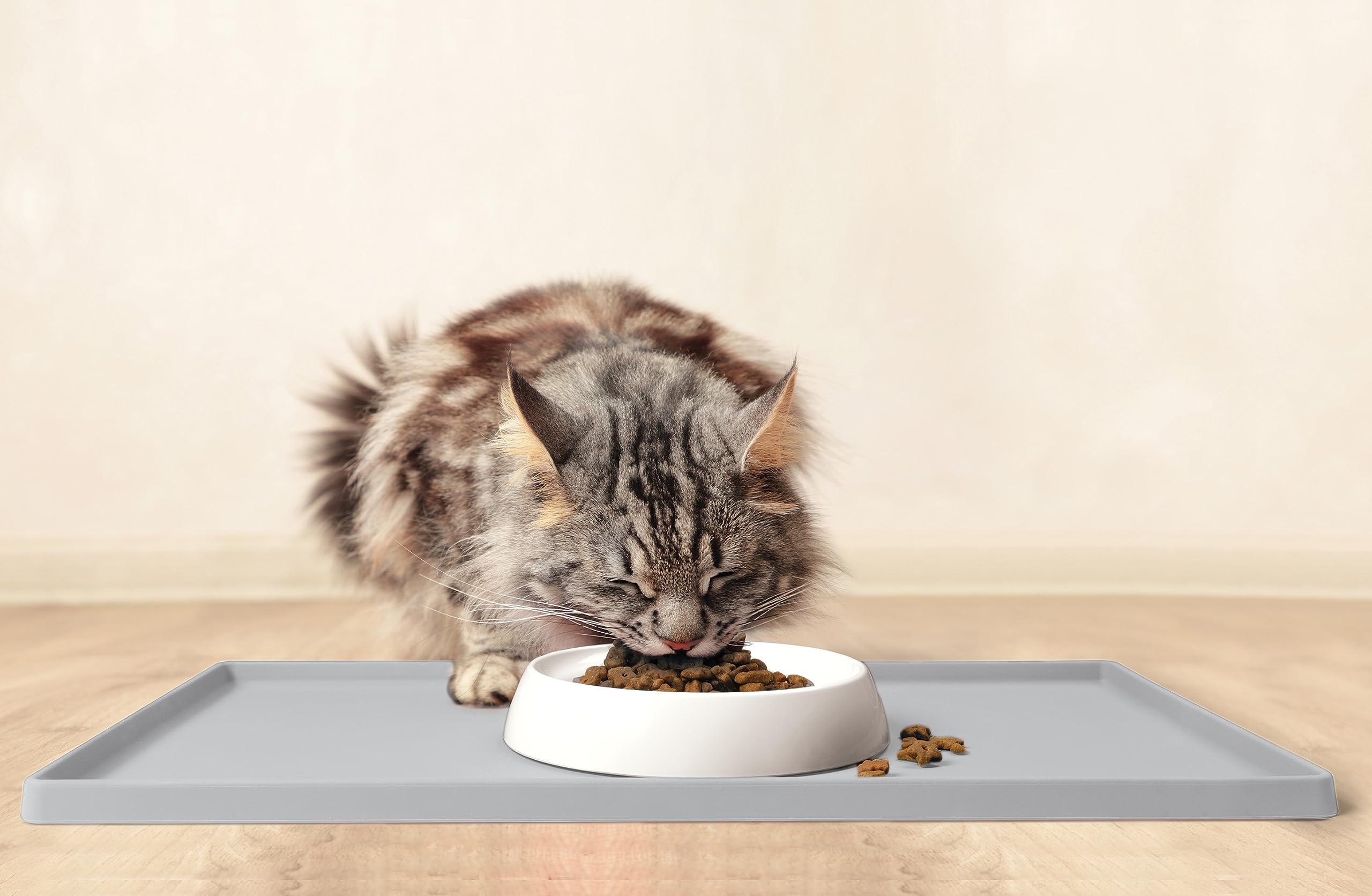 Premium CatGuru Silicone Cat Food Mat - Waterproof, Non-Slip Pet Feeding Mat for Food & Water Bowls - Small & Large Sizes (Large, Silver) - Ideal for Messy Eaters & Water Fountain Areas
