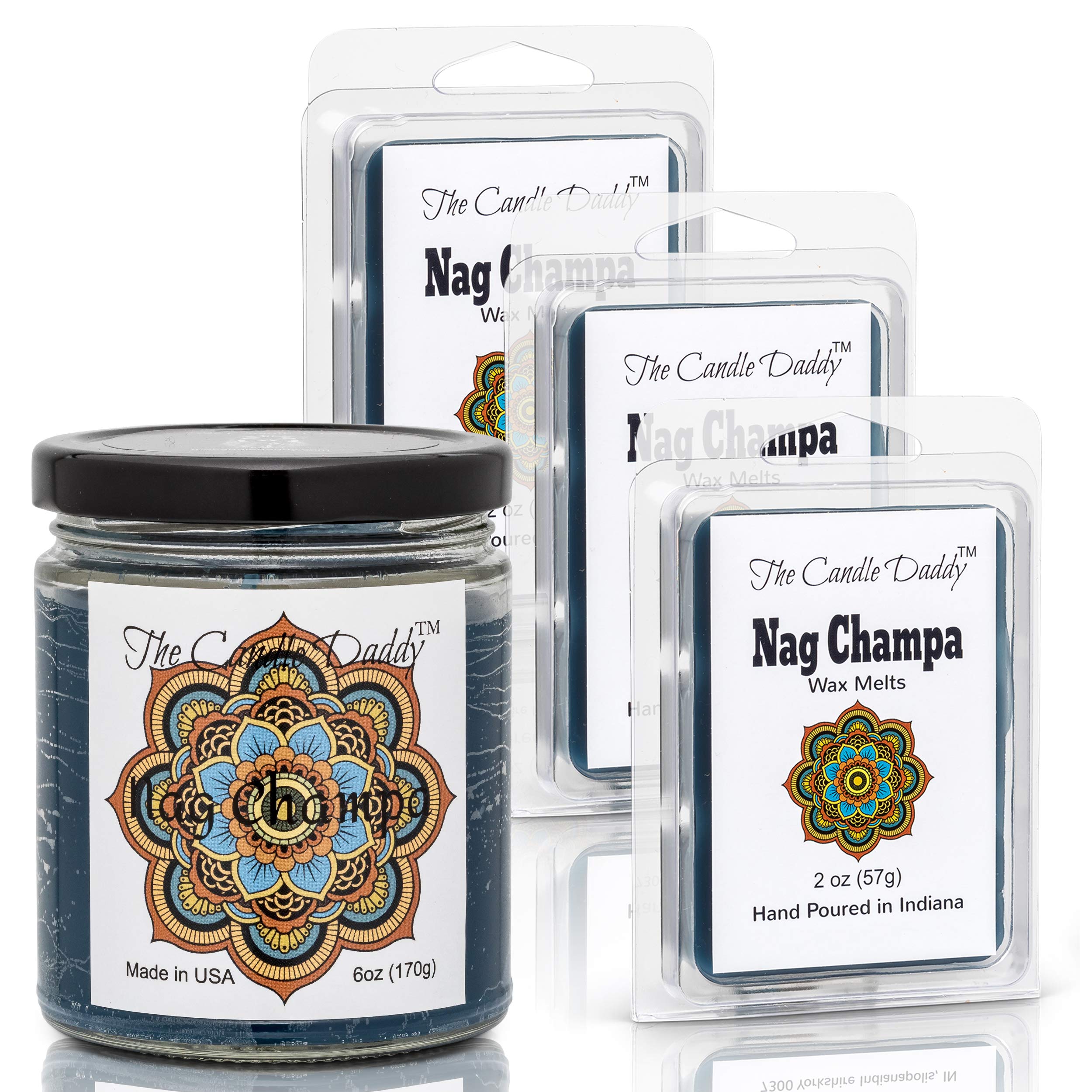 Nag Champa Scented Candles & Wax Melts Set - 6 oz Candle & 3 x 2 oz Wax Melts for Aromatherapy, Meditation & Relaxation - Perfect for Home, Yoga & Spa