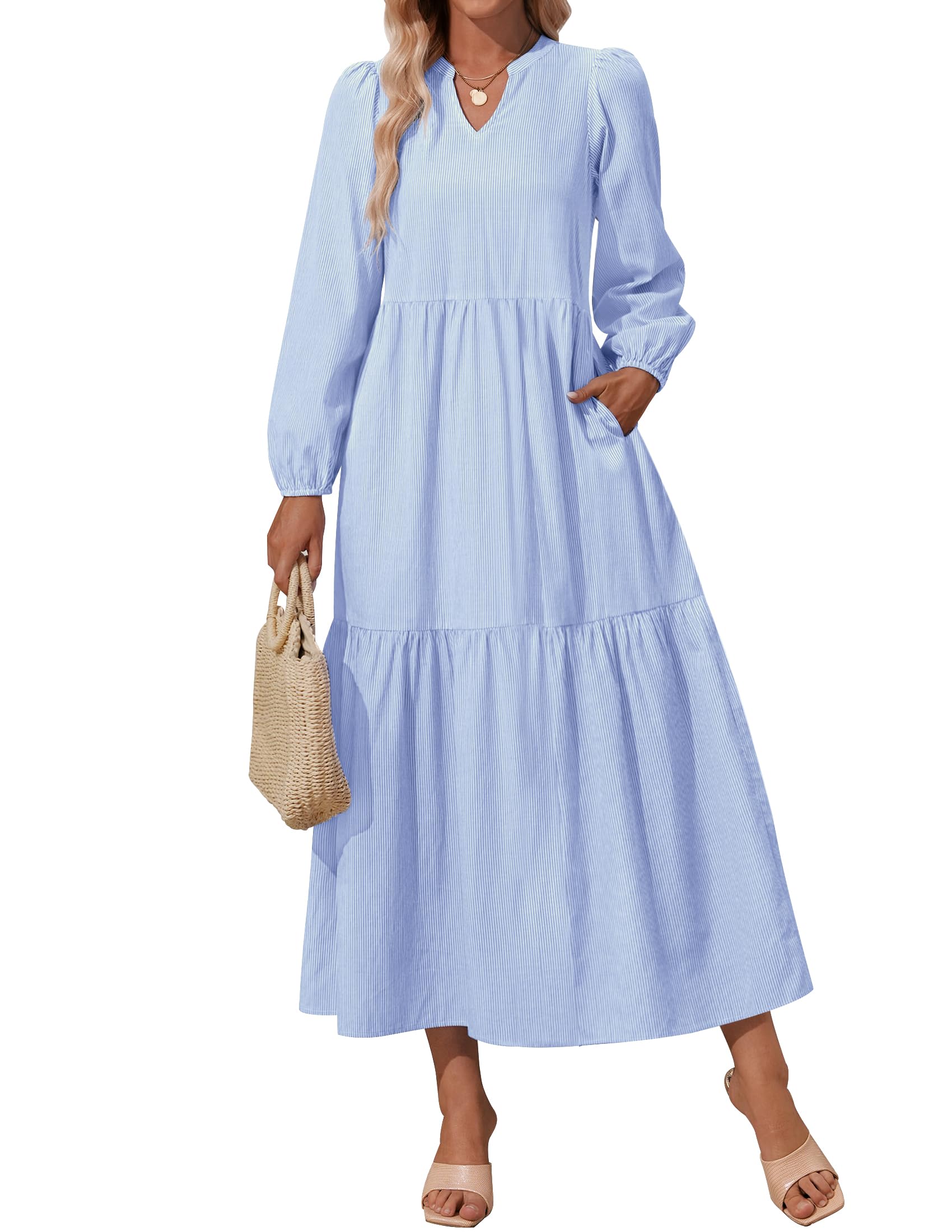 NENONA Women's 2025 Striped Long Sleeve Maxi Dress - V Neck Flowy Lightweight Casual Spring Dress with Pockets for Beach Vacation, Travel & Outdoor Activities