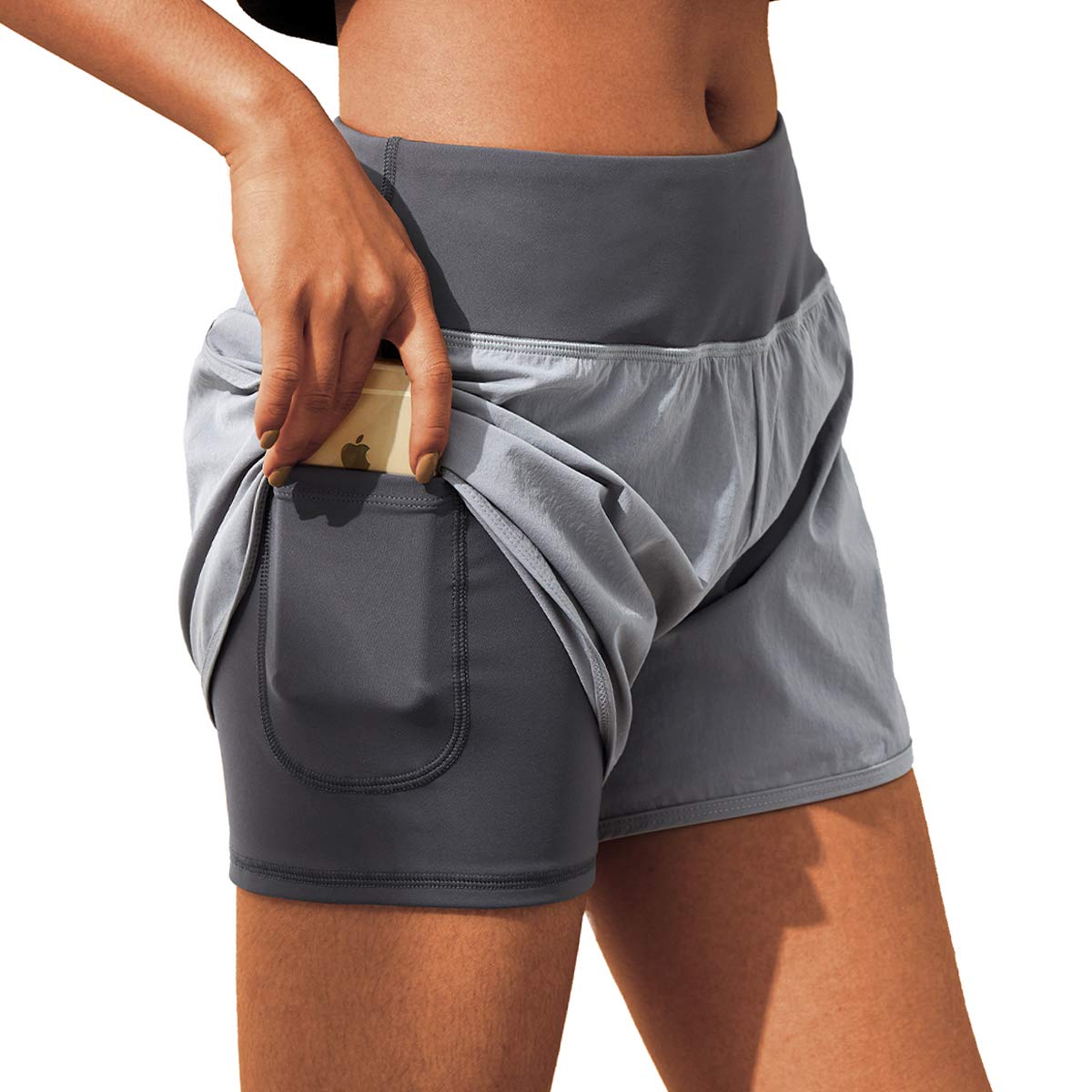 M MOTEEPI Women's High Waisted Running Shorts with Liner - Athletic Sports Shorts with Phone Pockets & Double Layer - Perfect for Jogging, Gym Workouts & Yoga