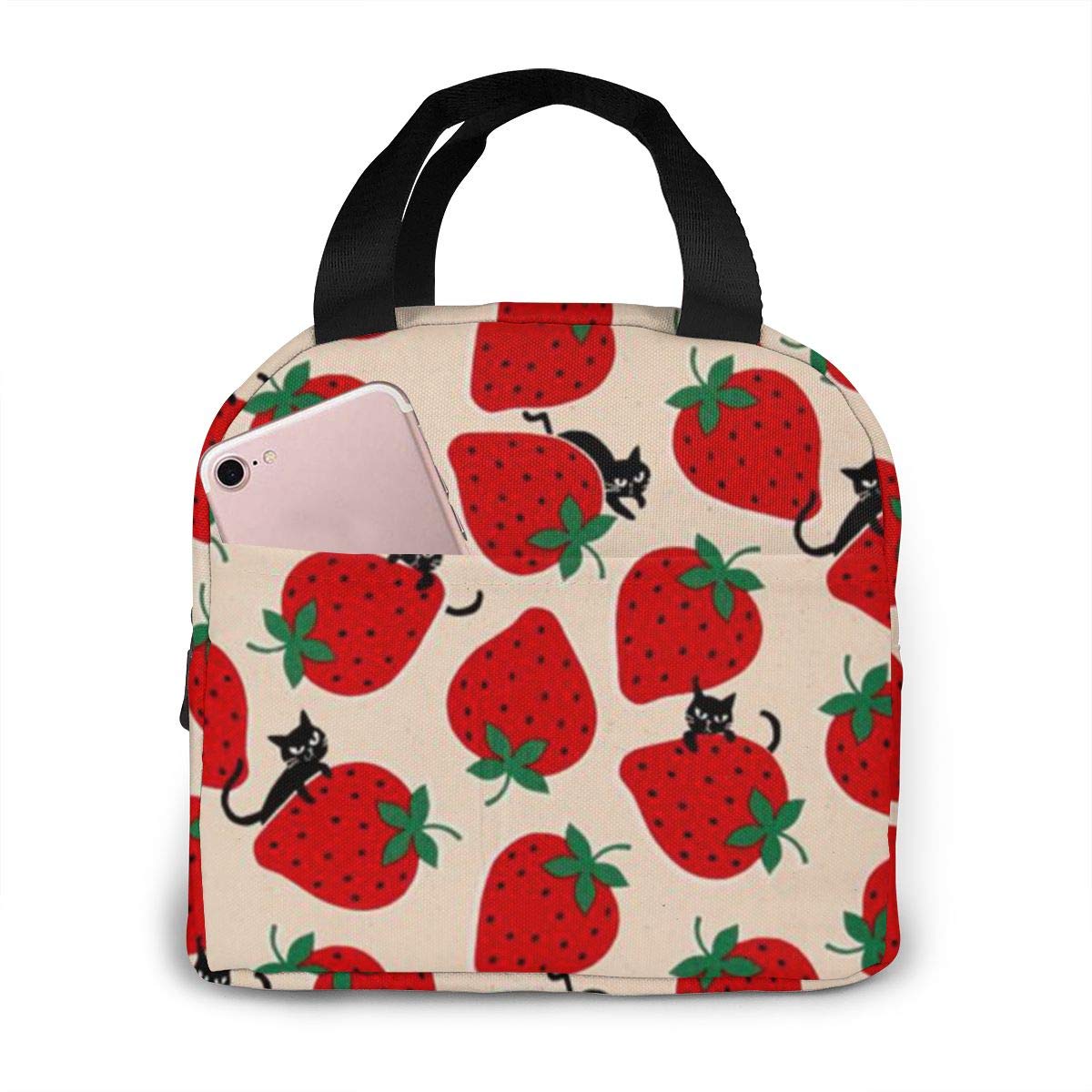 Stylish Insulated Lunch Bag for Women - Black Cat on Red Strawberry Design, Thermal Tote Bag for Work, School & Picnics | Leak-Proof & Eco-Friendly Lunch Container
