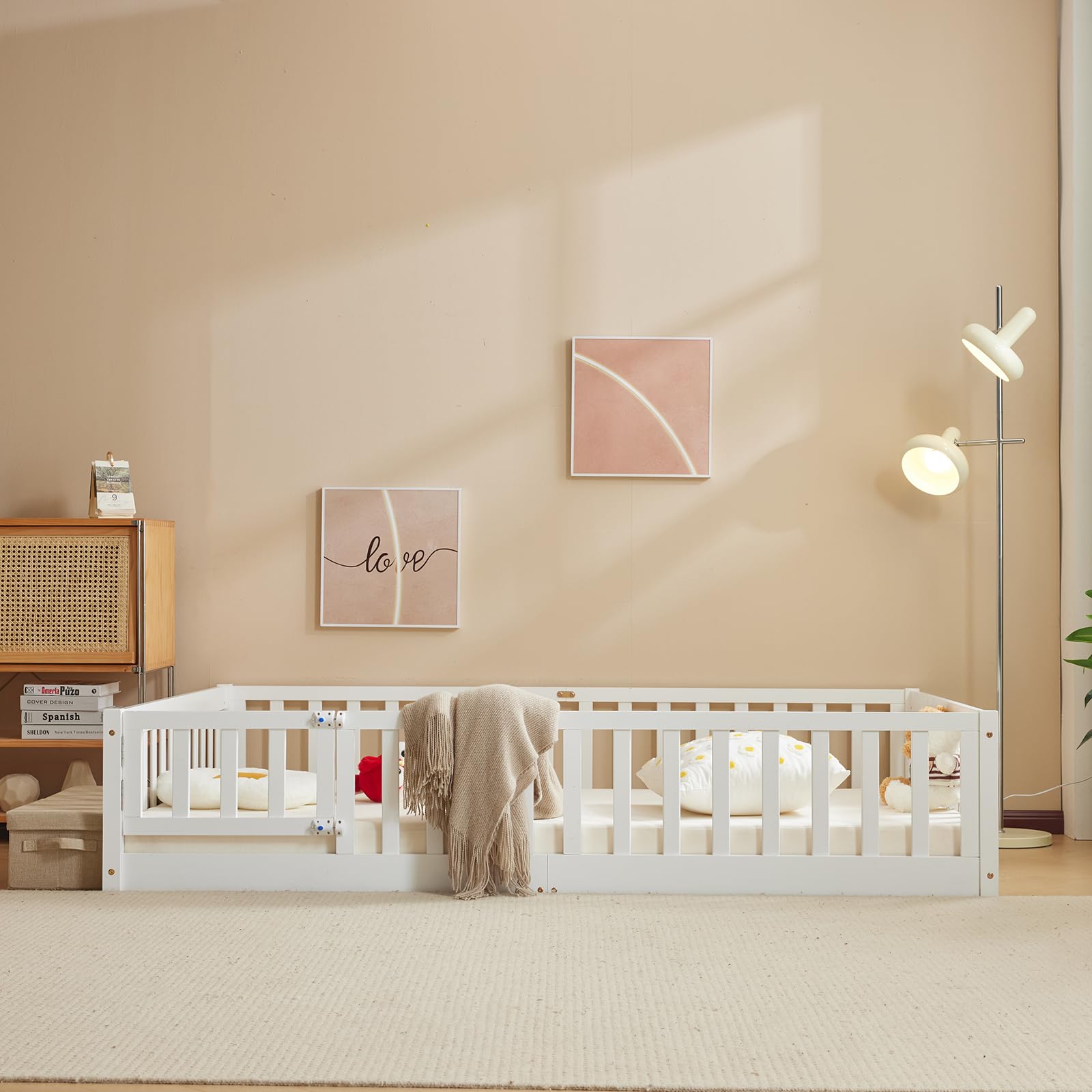 Montessori Toddler Floor Bed with Door & Safety Fence - Solid Wood Full Size Bed Frame for Kids with 12 Slats & Guardrails - Perfect for Girls & Boys Bedrooms, Playrooms & Montessori Learning Spaces (White)