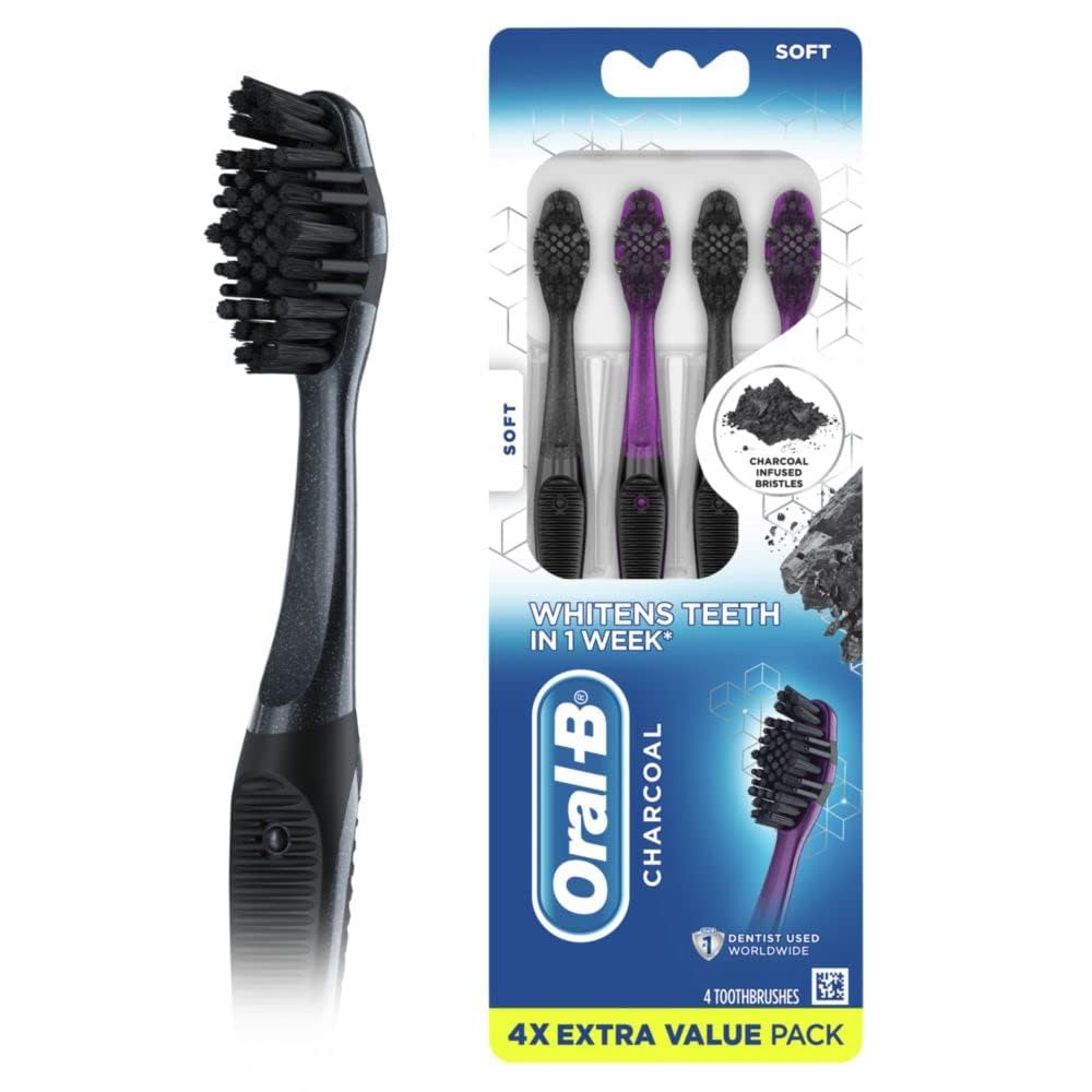 Oral-B Charcoal Toothbrushes Soft Bristles 4-Pack - Gentle Teeth Cleaning for Sensitive Gums, Whitening & Fresh Breath - Perfect for Travel, Home & Office Use