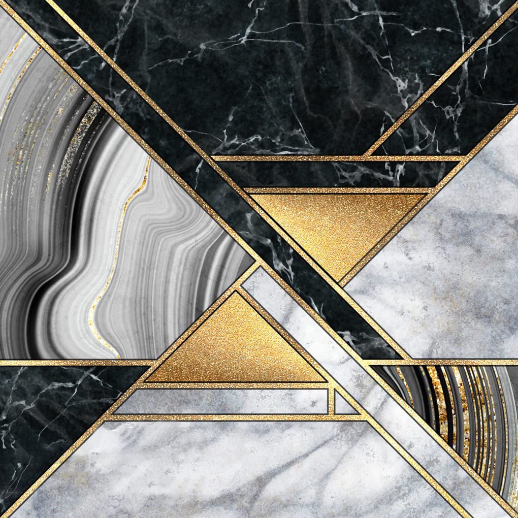 5x5 Geometric Pattern Square Area Rug - Black White Gold Marble Abstract Washable Shaggy Carpet for Living Room, Bedroom, Dining Table | Soft Indoor Floor Mat for Kitchen, Laundry, Guestroom & Home Decor