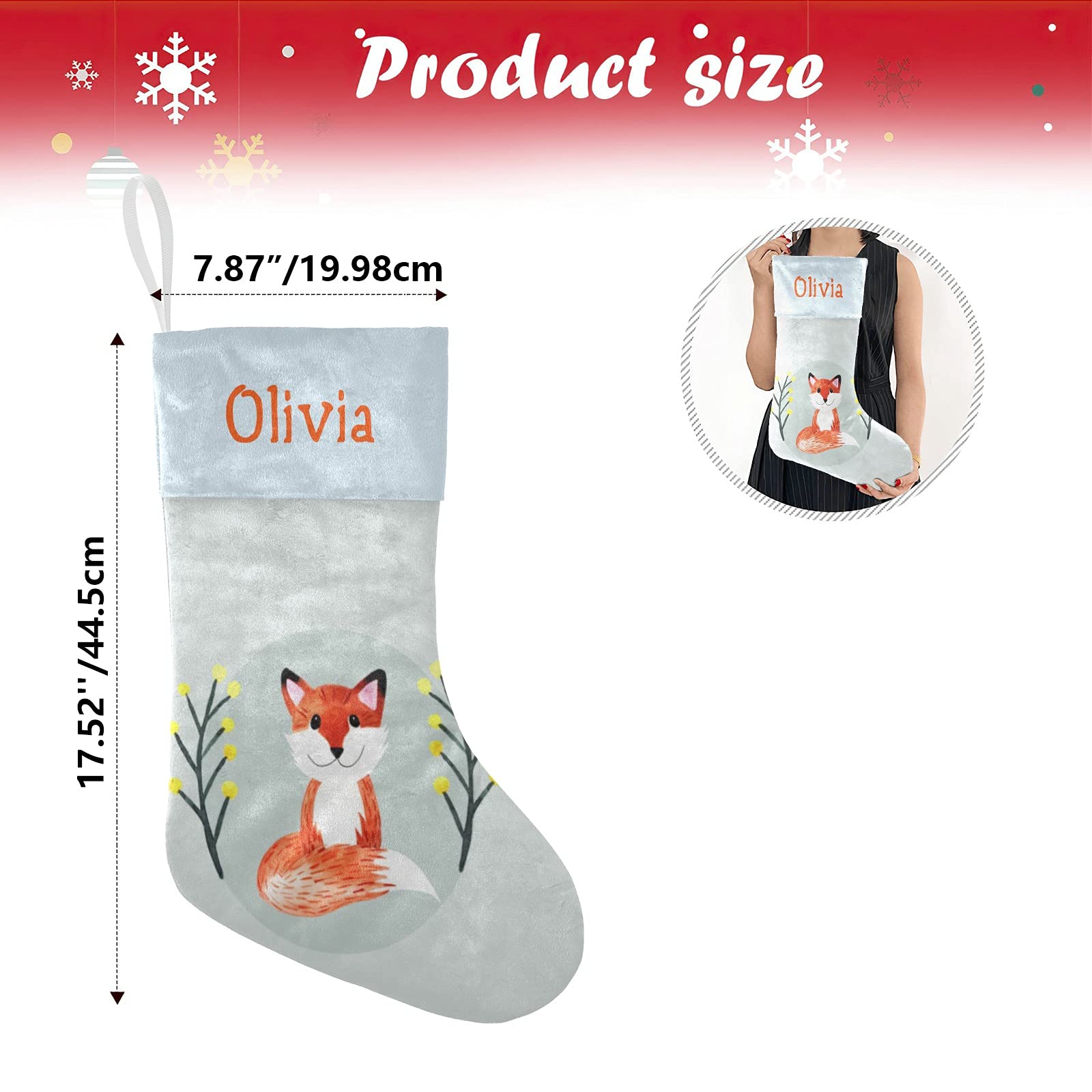 Personalized Fox Christmas Stockings for Kids & Pets - Custom Name Woodland Forest Xmas Gift 17.5x8 Inch - Holiday Decor for Fireplace, Nursery & Pet Lovers