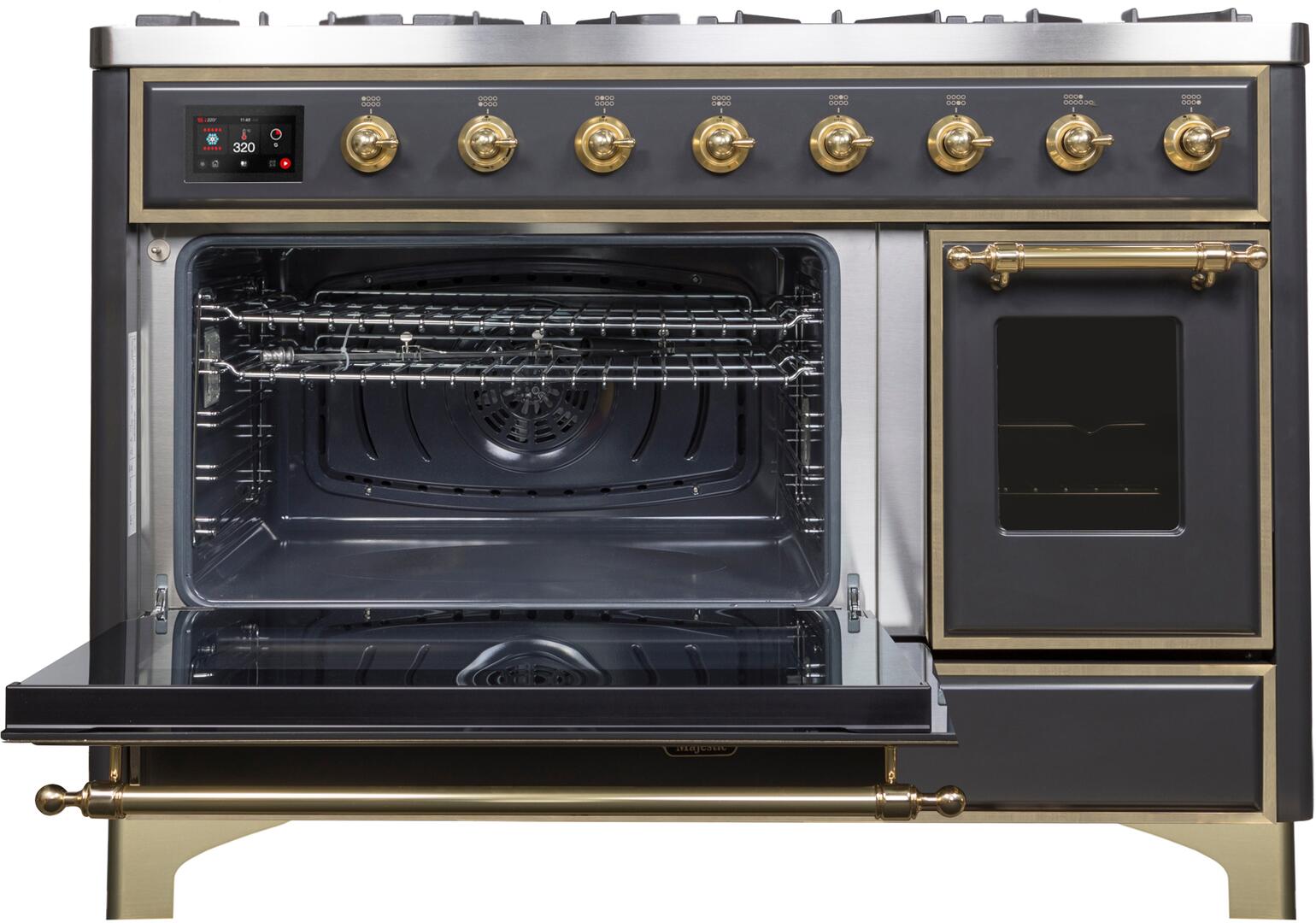 ILVE Majestic II 48-Inch Dual Fuel Natural Gas Freestanding Range - Matte Graphite with Brass Trim (Model UM12FDNS3MGG) - Professional Kitchen Appliance for Home Chefs & Gourmet Cooking