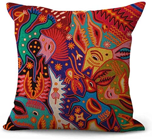 ArtSocket Set of 4 Linen Throw Pillow Covers 20x20 Inches - Mexican Huichol Embroidery Square Decorative Pillow Cases for Sofa, Bed & Home Decor | Boho Chic Living Room & Bedroom Accent Pillows