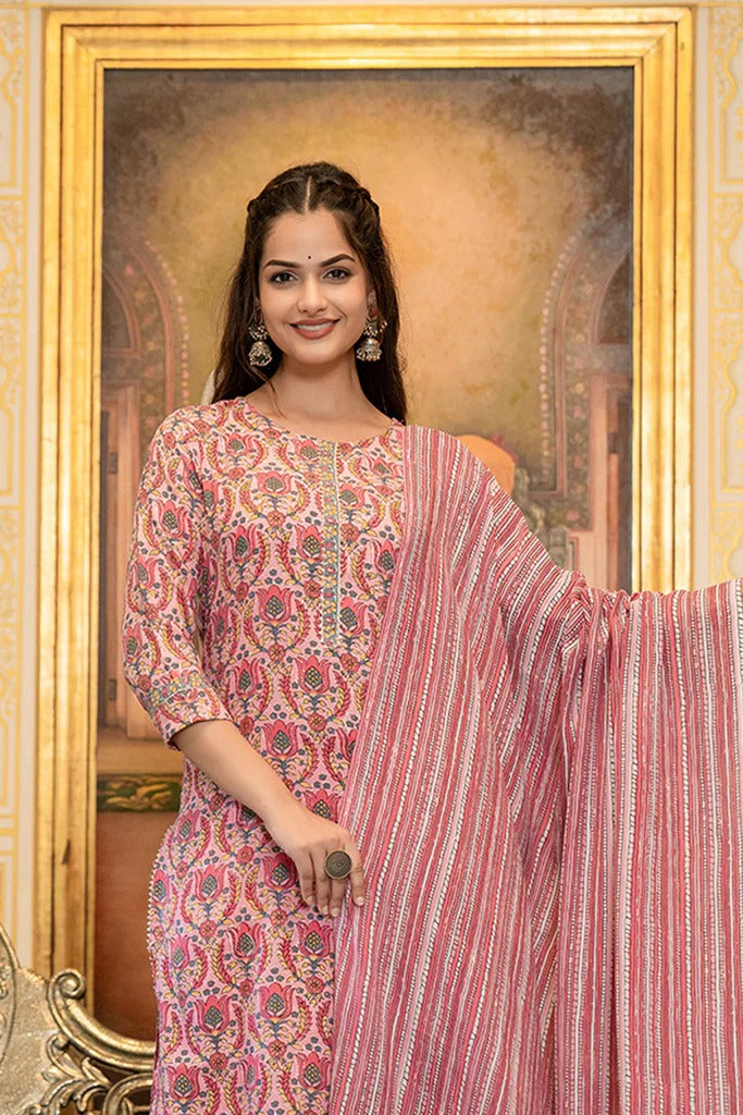 Stylish Pink Rayon Blend Ethnic Motifs Printed Straight Suit Set for Women | Boho Chic Outfit | Perfect for Festivals, Parties & Summer Vacations