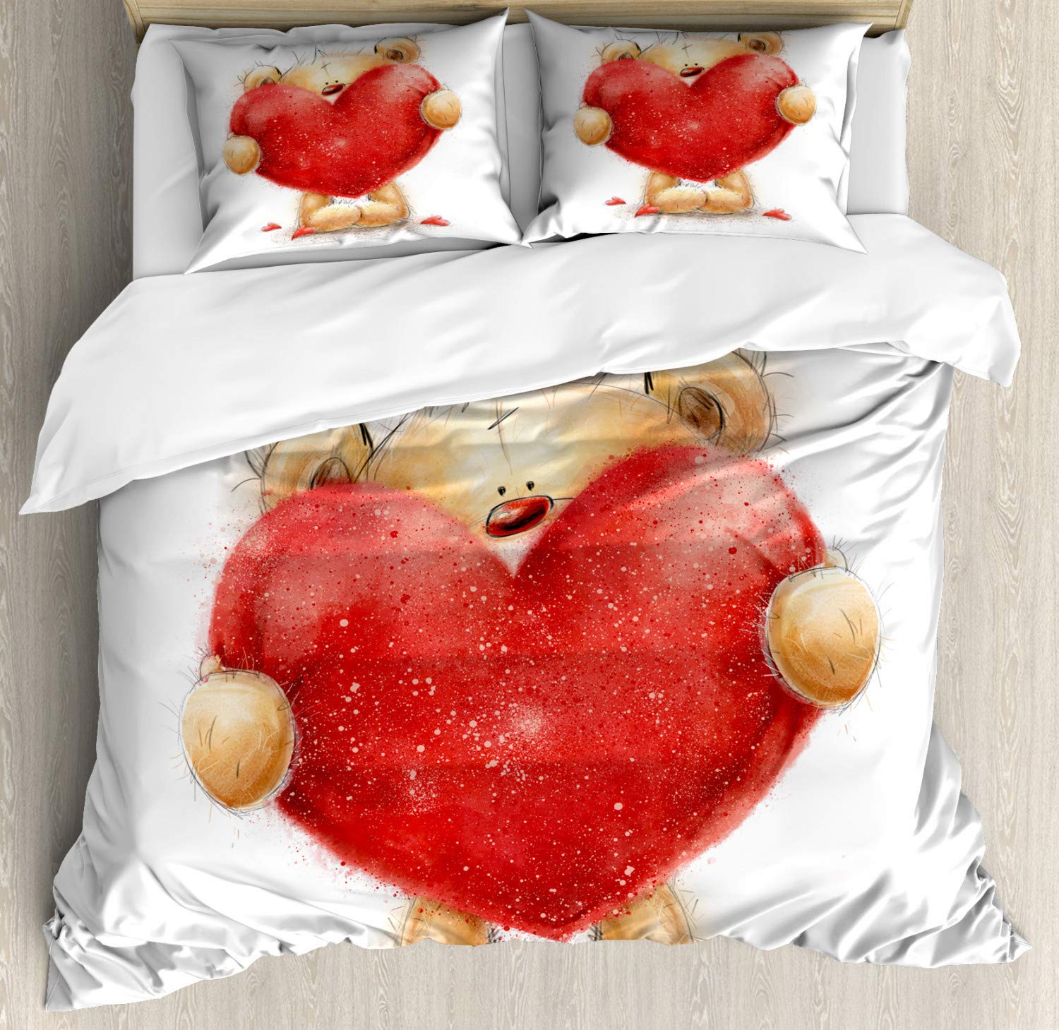 Ambesonne Bear Duvet Cover Set - Valentine's Day Teddy Bear with Red Heart Design, Romantic Bedding Set Includes 2 Duvet Covers & 4 Pillowcases, Queen Size 2-Pack in Sand Brown & Red - Perfect for Couples Bedroom, Anniversary Gift & Cozy Home Decor