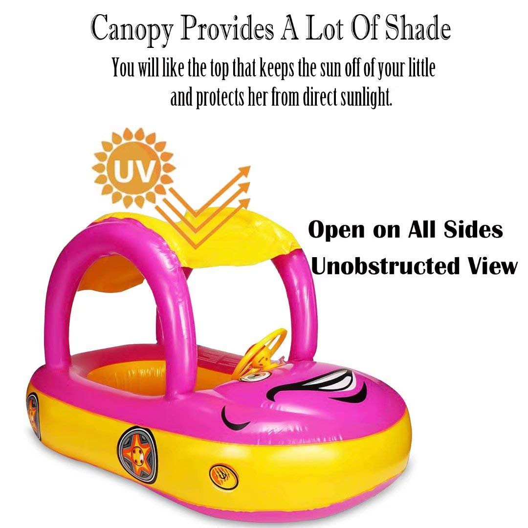 Inflatable Baby Pool Float with Canopy & Steering Wheel - Sunshade Swim Ring Car Toy for Toddlers 1-3 Years | Summer Water Play, Beach Vacation, Backyard Swimming Fun