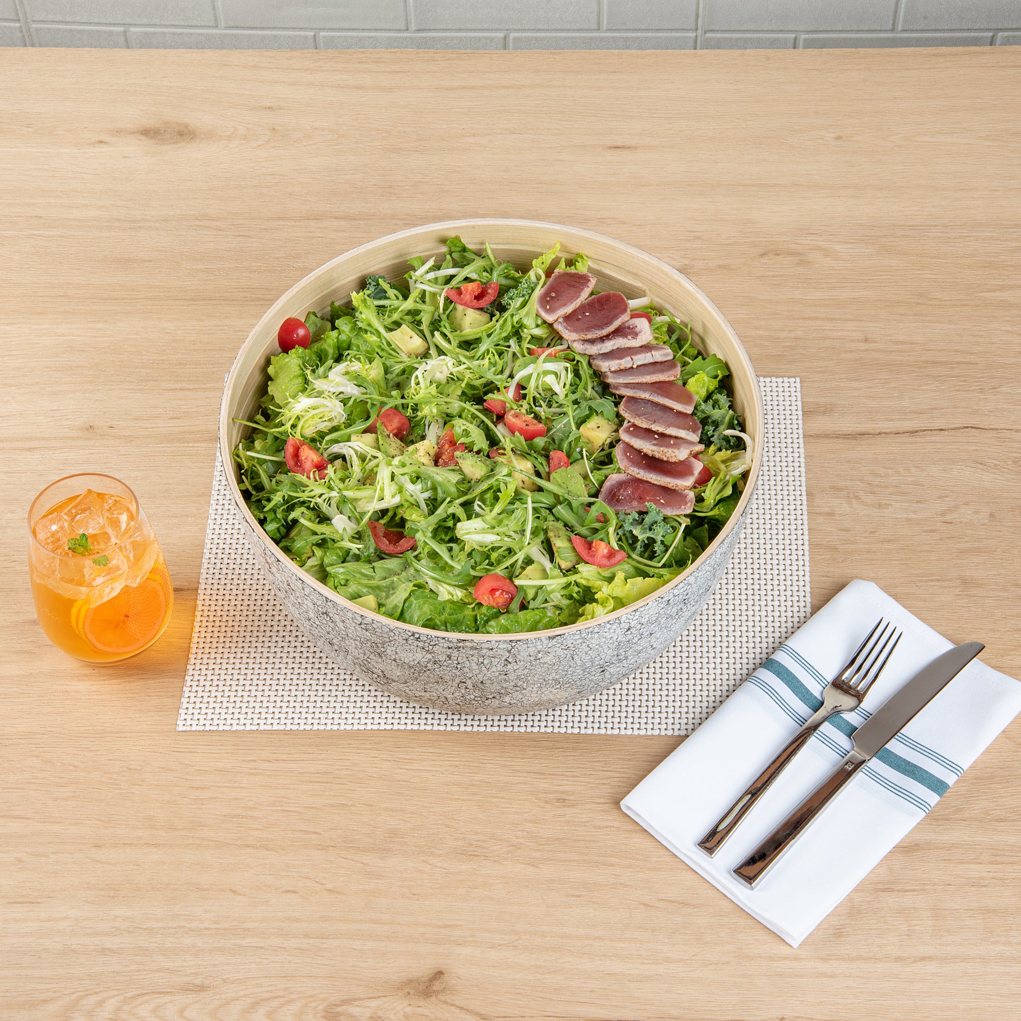 Bambuddha 51 oz Large Round Gray Spun Bamboo Salad Bowl - 13.5