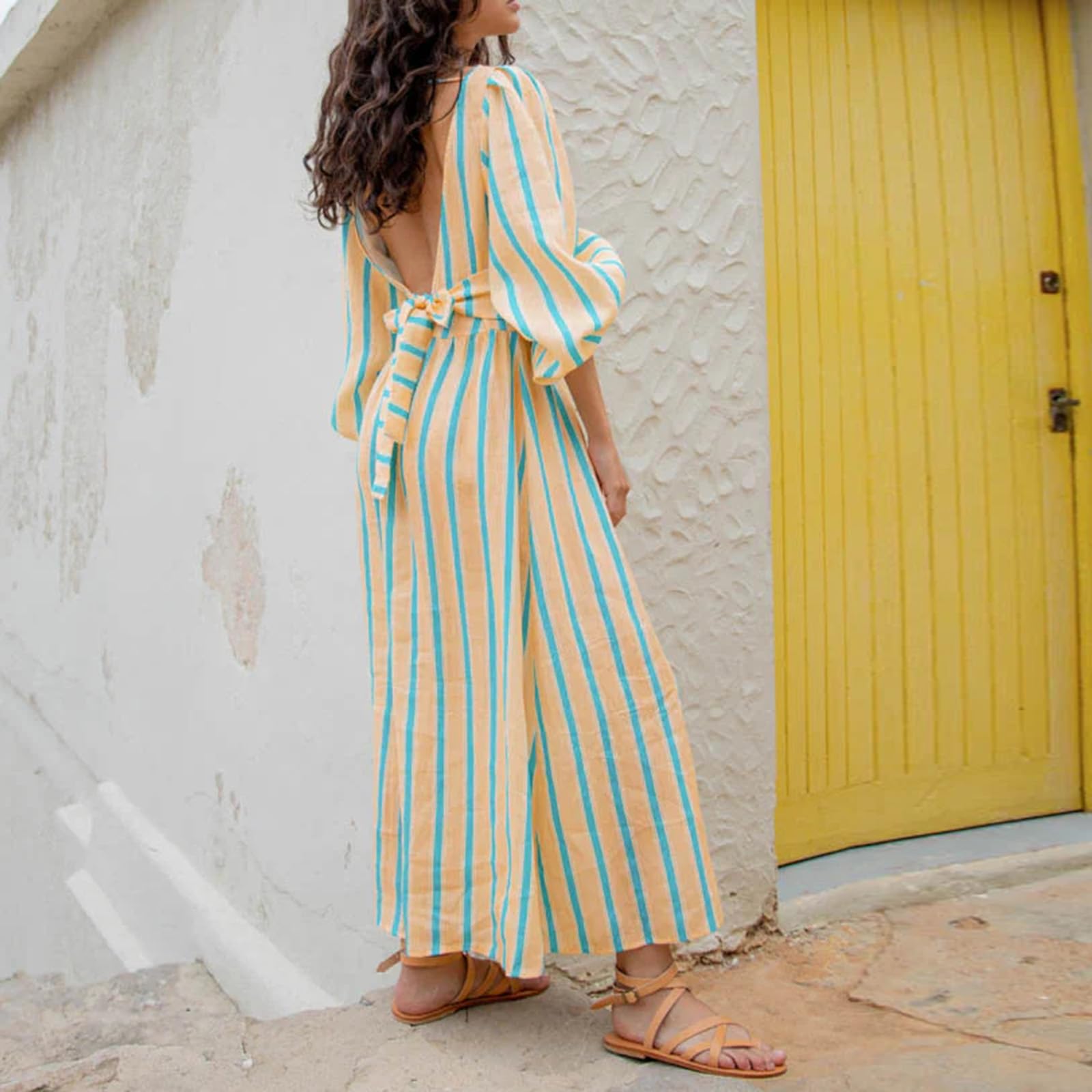 Women's Summer Puff Sleeve Long Dress - Boho Backless Tie Waist Maxi Dress, Bohemian Midi Dress with Gauze Fabric & High Waist - Perfect for Beach Vacations, Music Festivals & Summer Parties