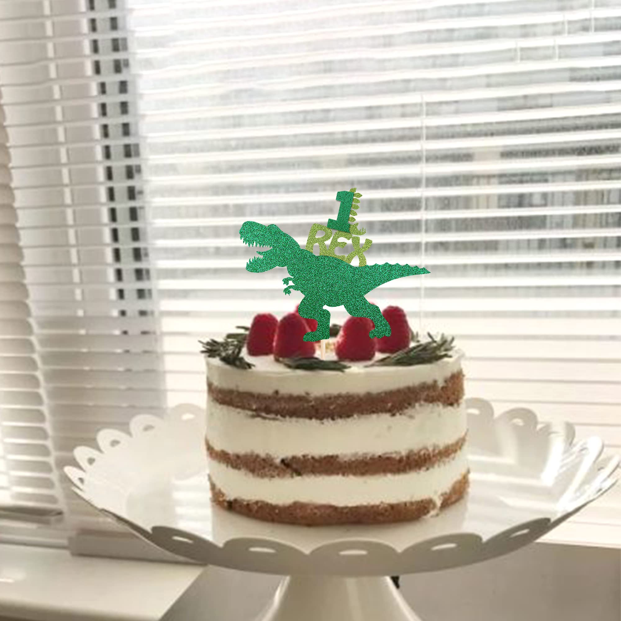 1 Pack Glitter T-Rex Dinosaur Cake Topper - Happy 1st Birthday Party Decorations, Baby Shower Supplies, Dinosaur Theme Cake Decor for Kids Birthday Celebrations & Special Occasions