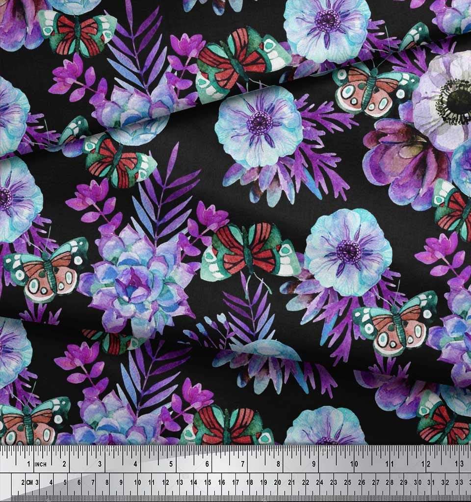 Soimoi 100% Cotton Poplin Fabric by The Yard - 42 Inch Wide - Purple Leaves & Anemone Floral Print - Premium Dressmaking Material for DIY Fashion, Quilting & Home Decor Projects
