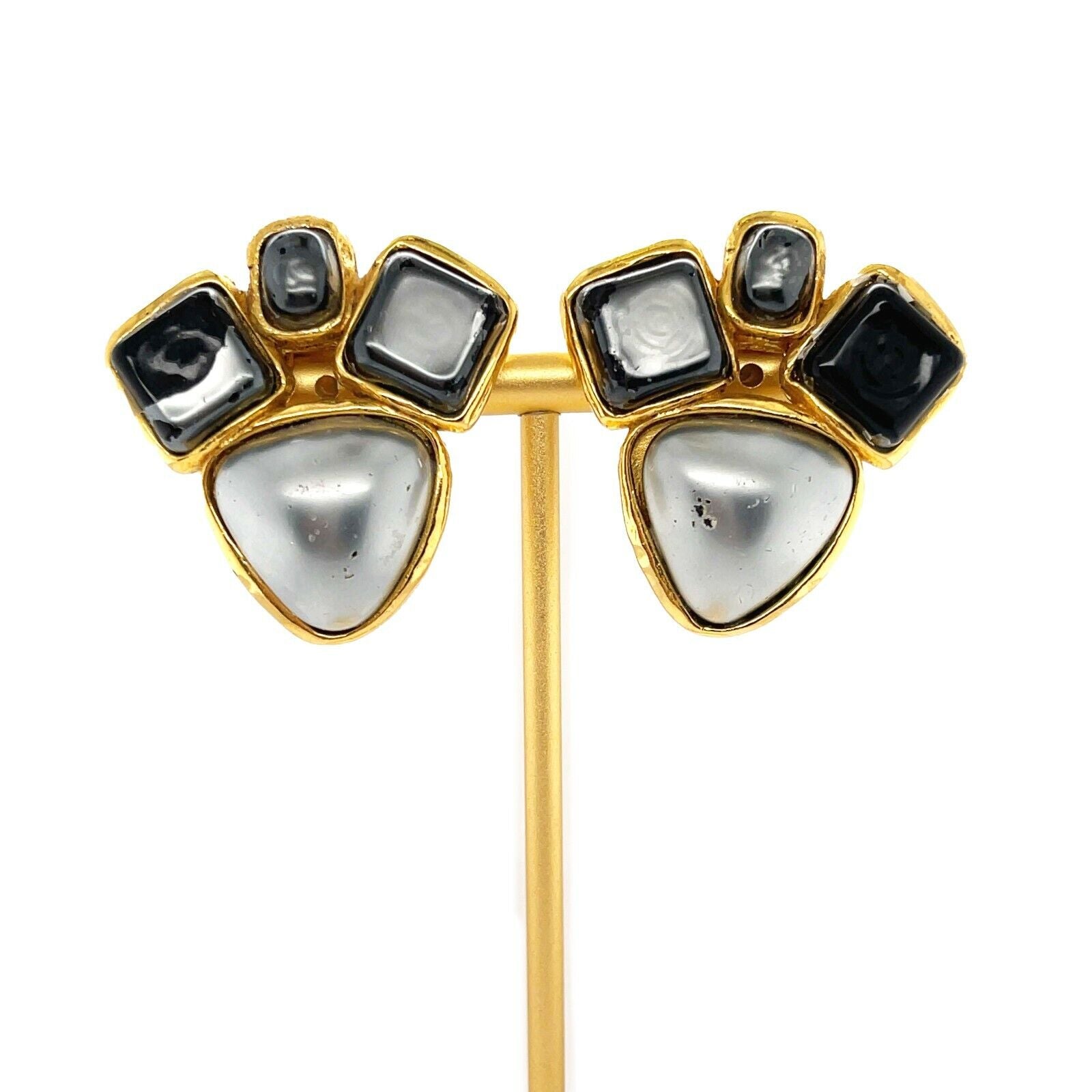Vintage CHANEL Gold Tone Stone Embellished Clip-On Earrings - Elegant Retro Jewelry for Parties, Weddings & Special Occasions